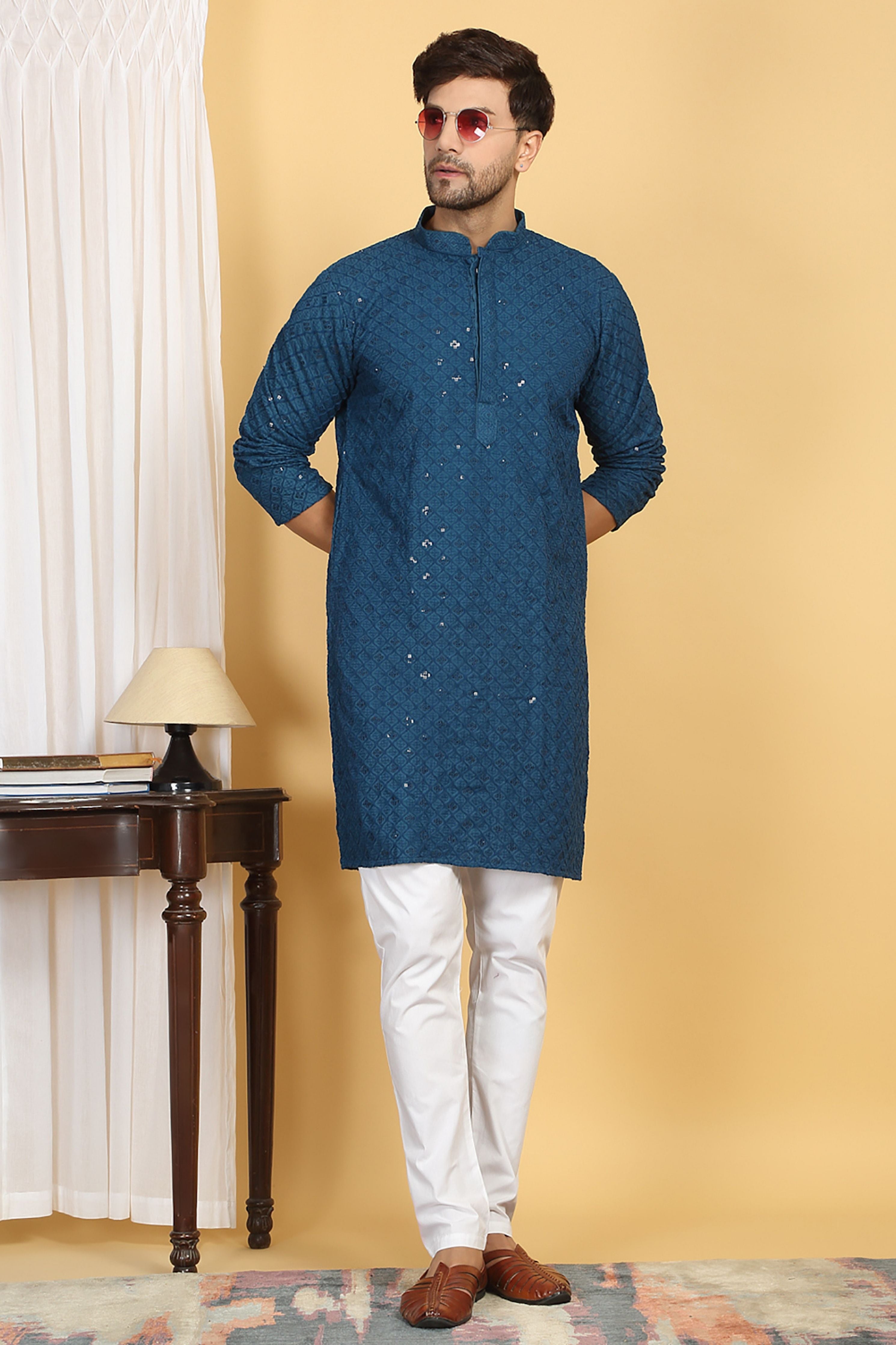 Navyam Teal Blue Embroidered Kurta Set