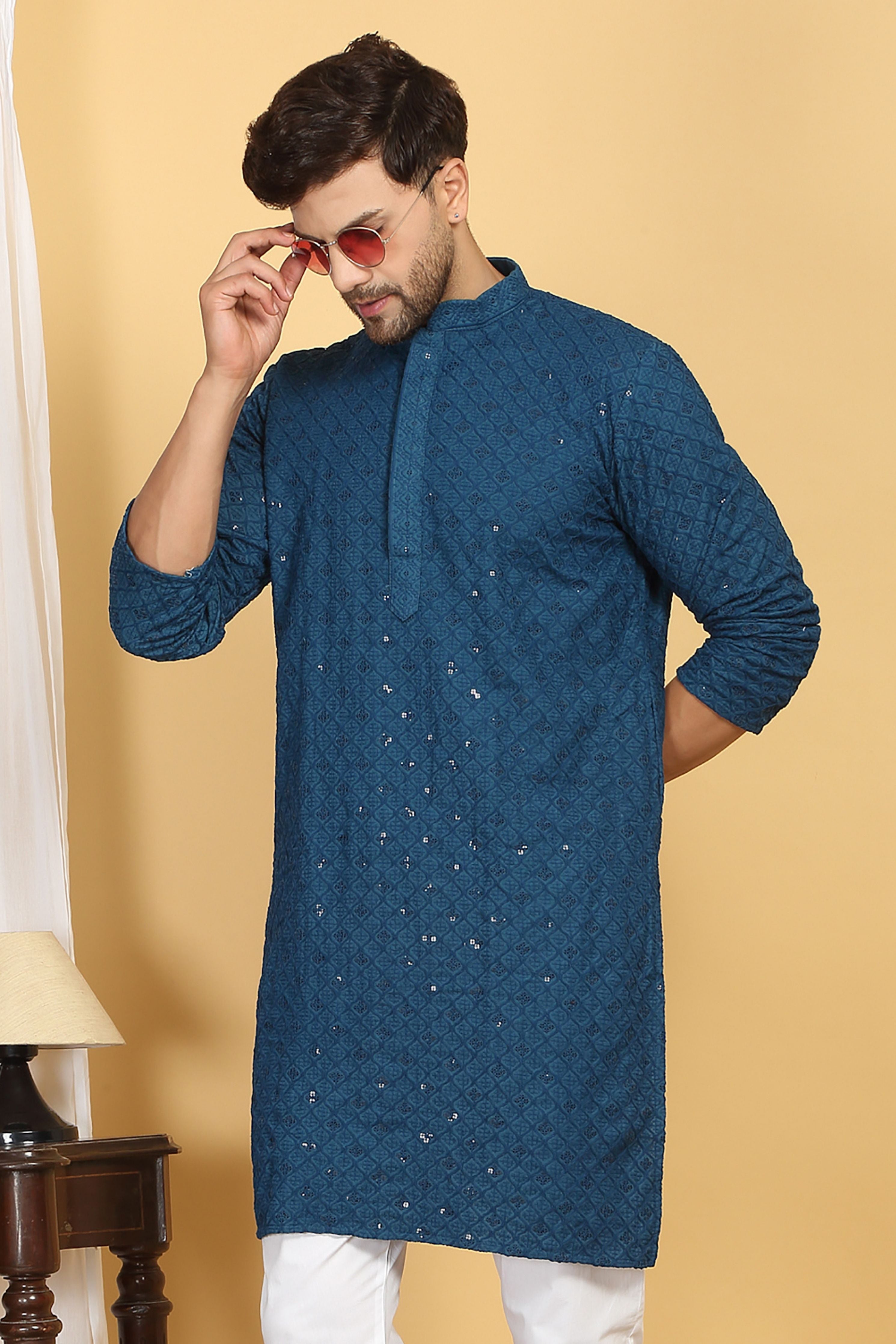 Navyam Teal Blue Embroidered Kurta Set