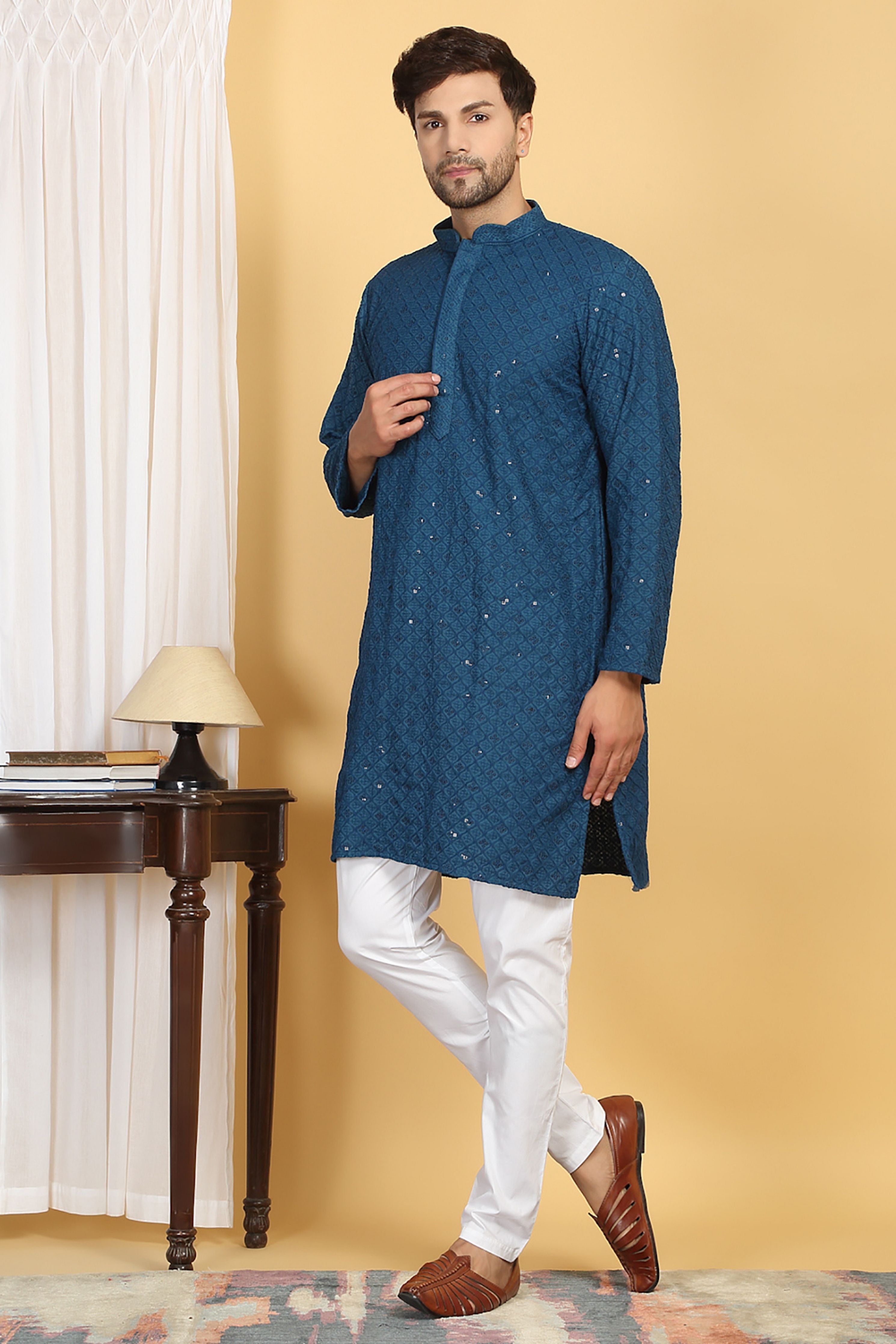 Navyam Teal Blue Embroidered Kurta Set