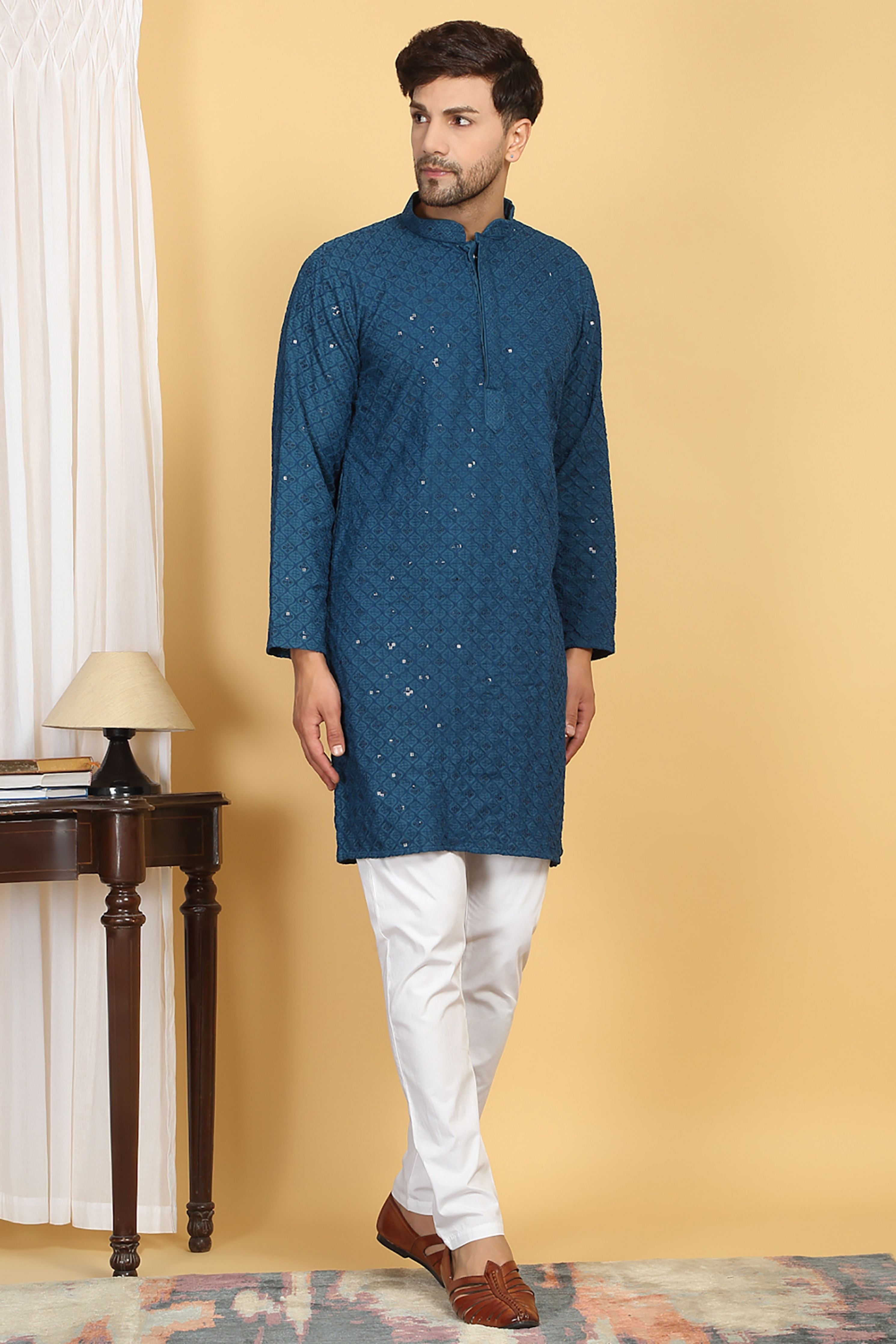 Navyam Teal Blue Embroidered Kurta Set