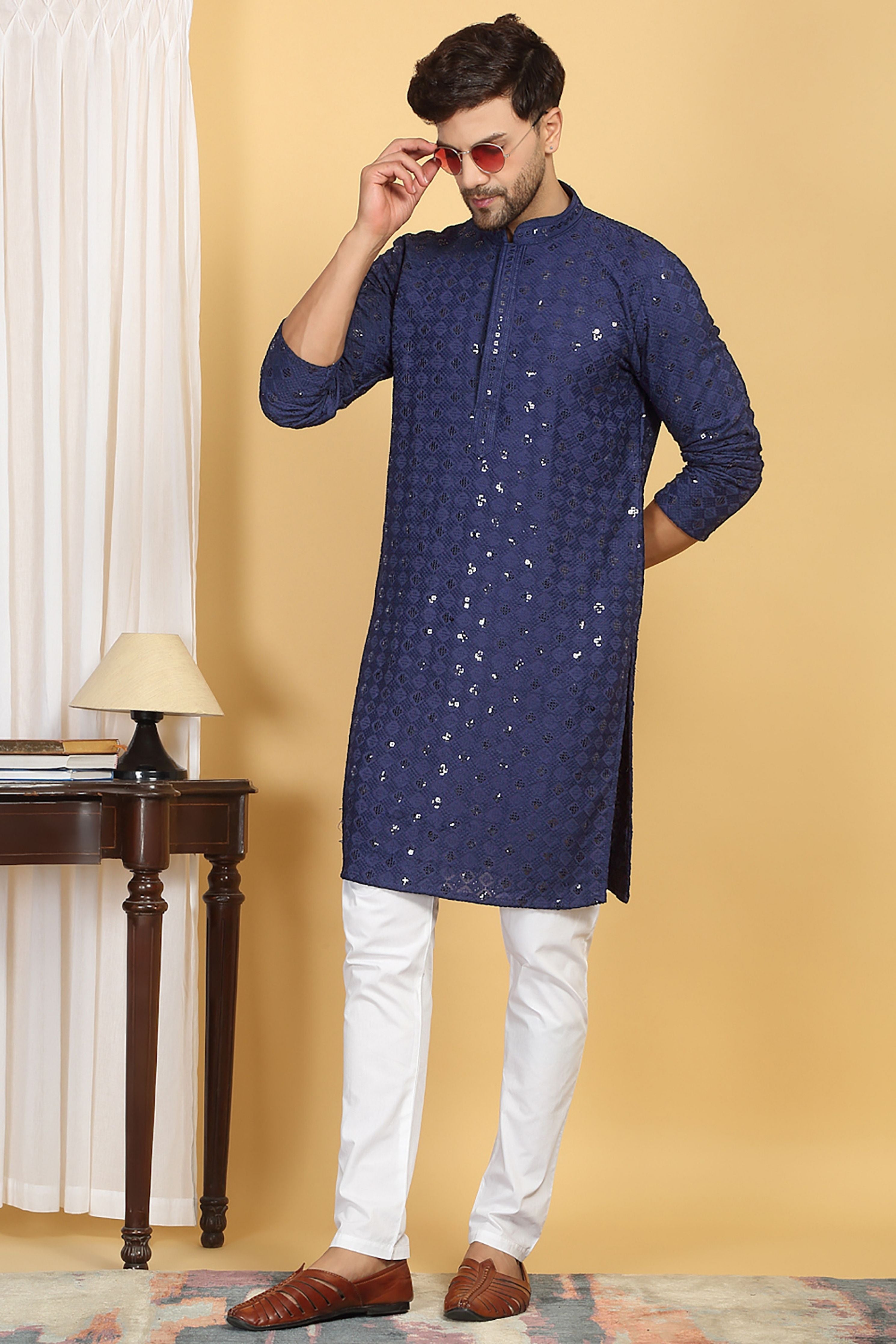 Nav Harsh Ink Blue Embroidered Kurta Set