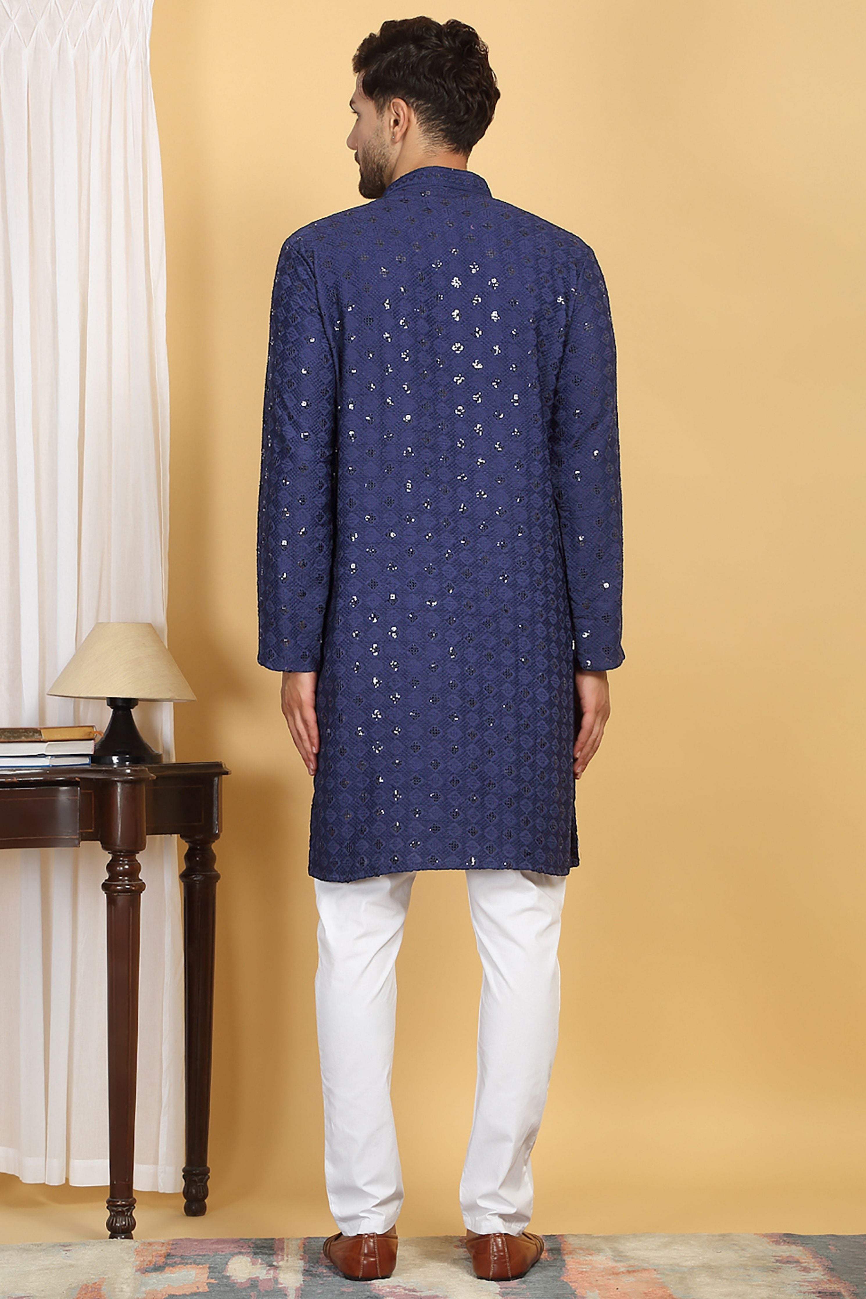 Nav Harsh Ink Blue Embroidered Kurta Set