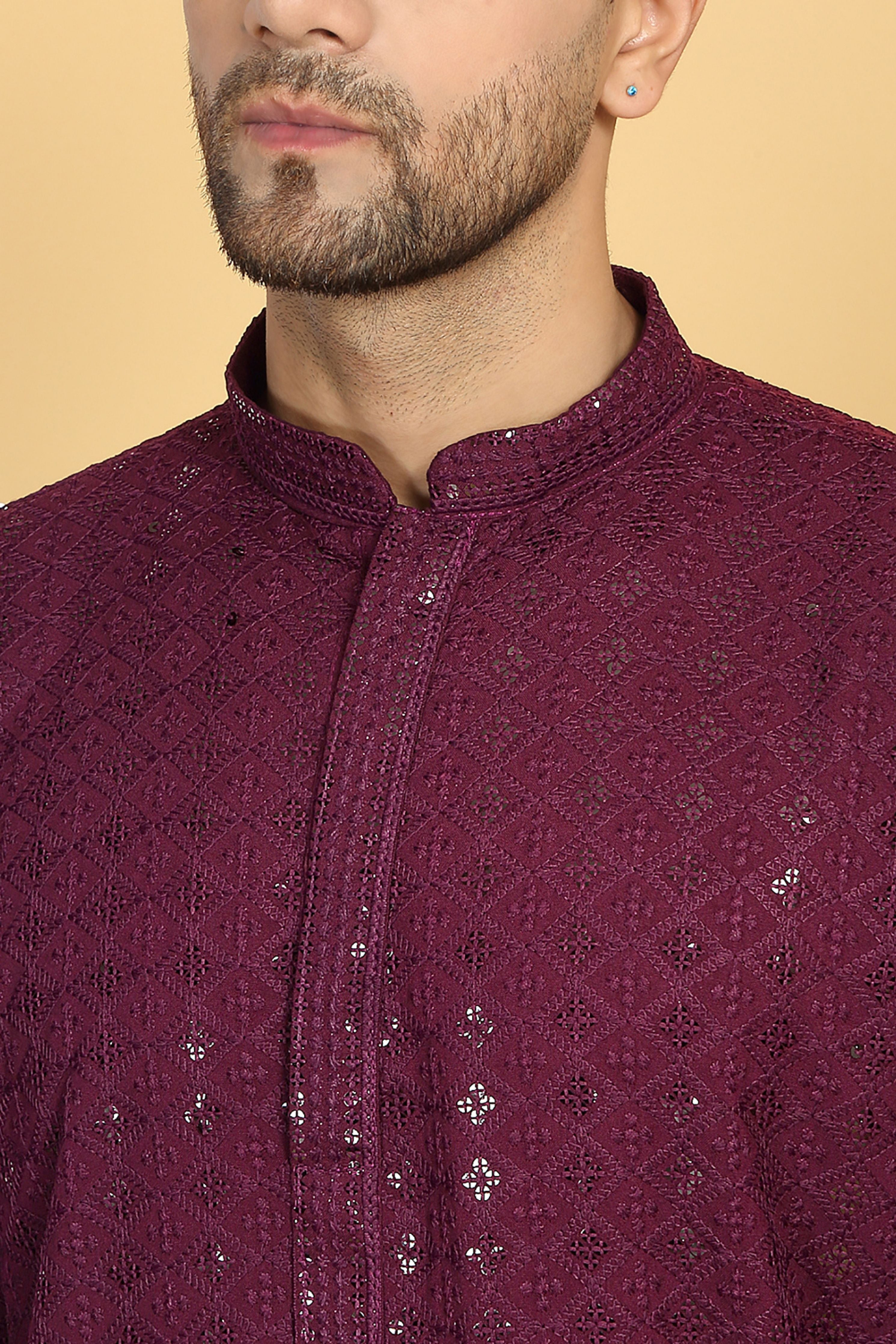 Harsh Wine Thread Embroidered Kurta Set