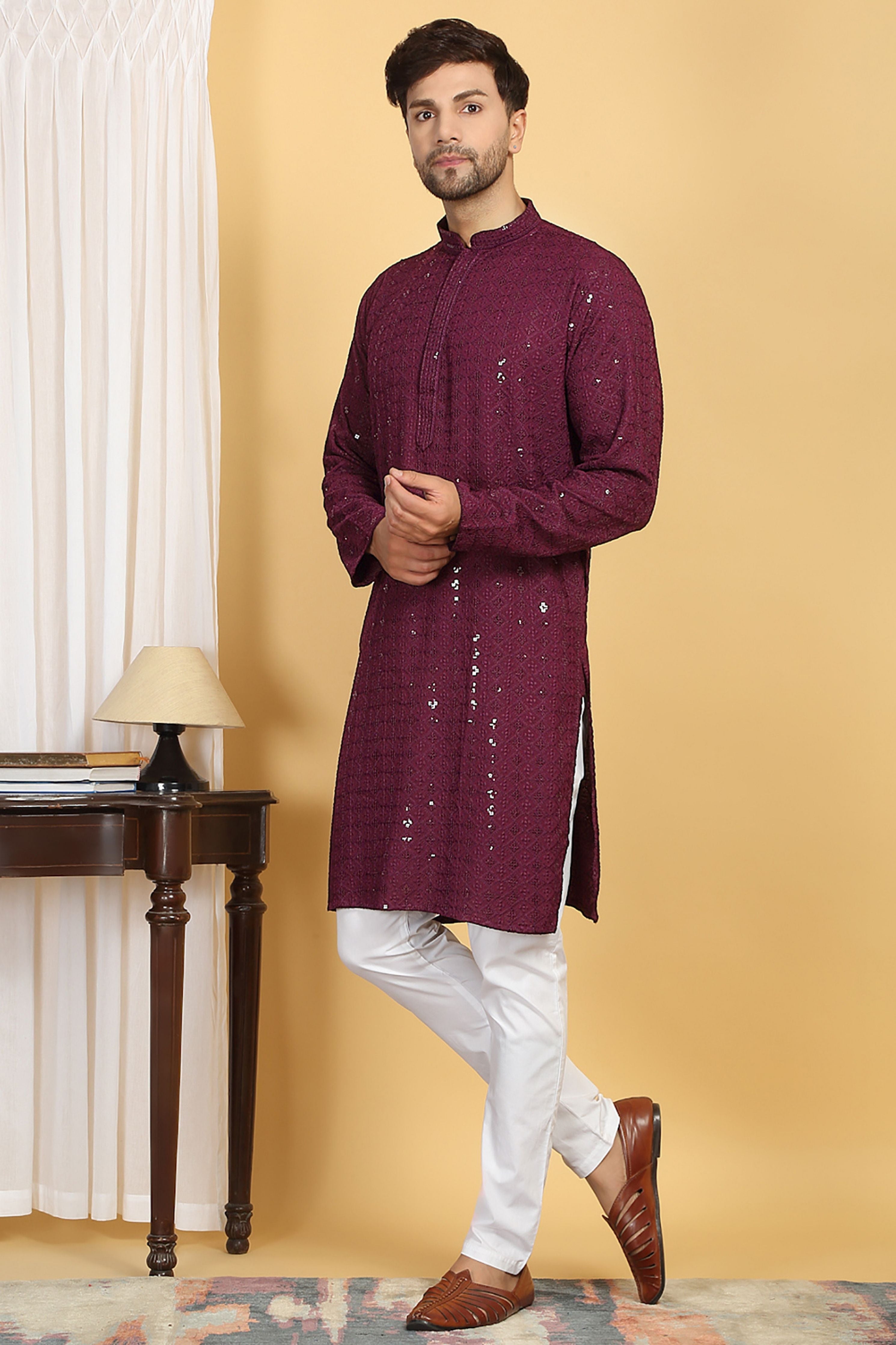 Harsh Wine Thread Embroidered Kurta Set