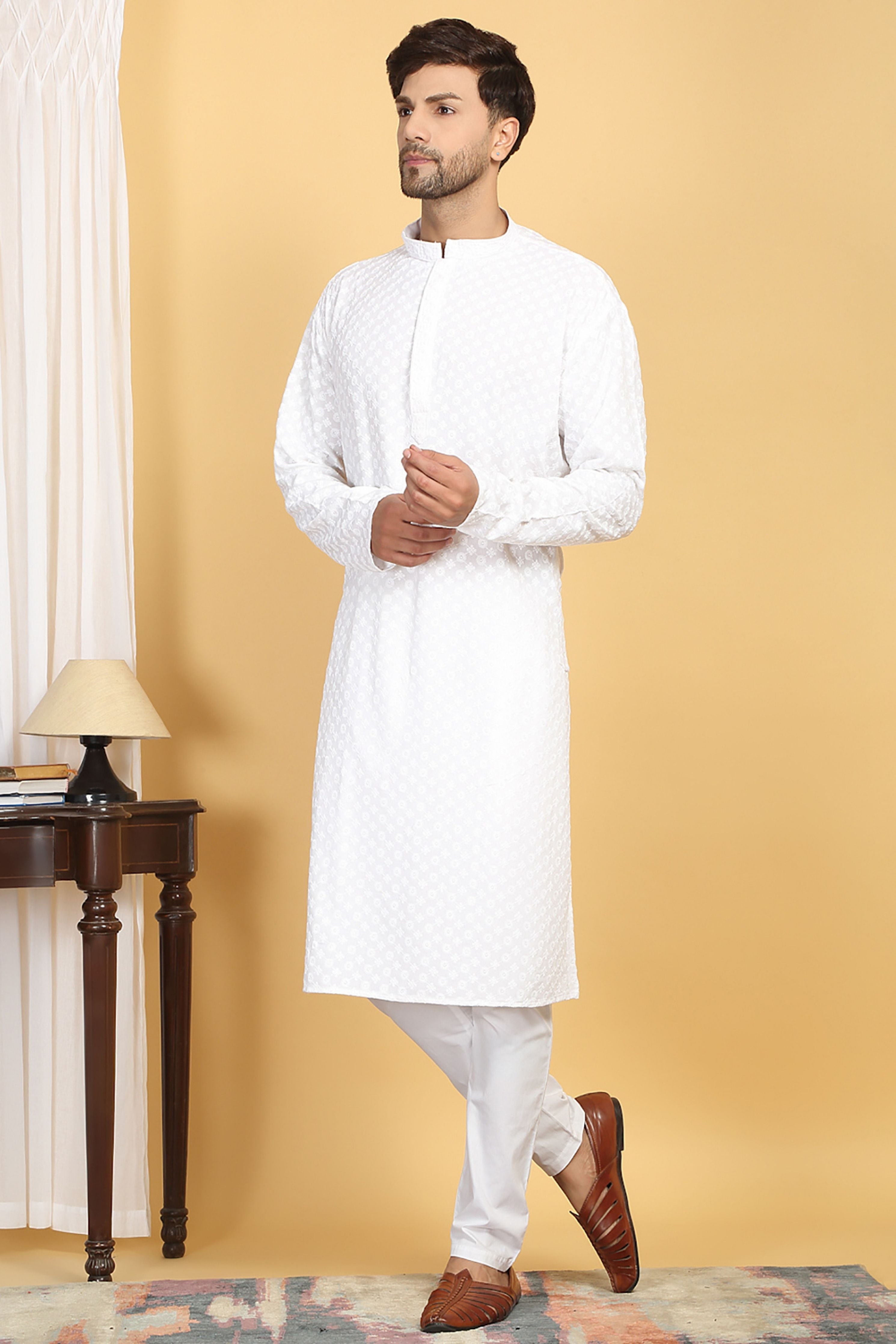 Floral White Thread Embroidered Kurta Set