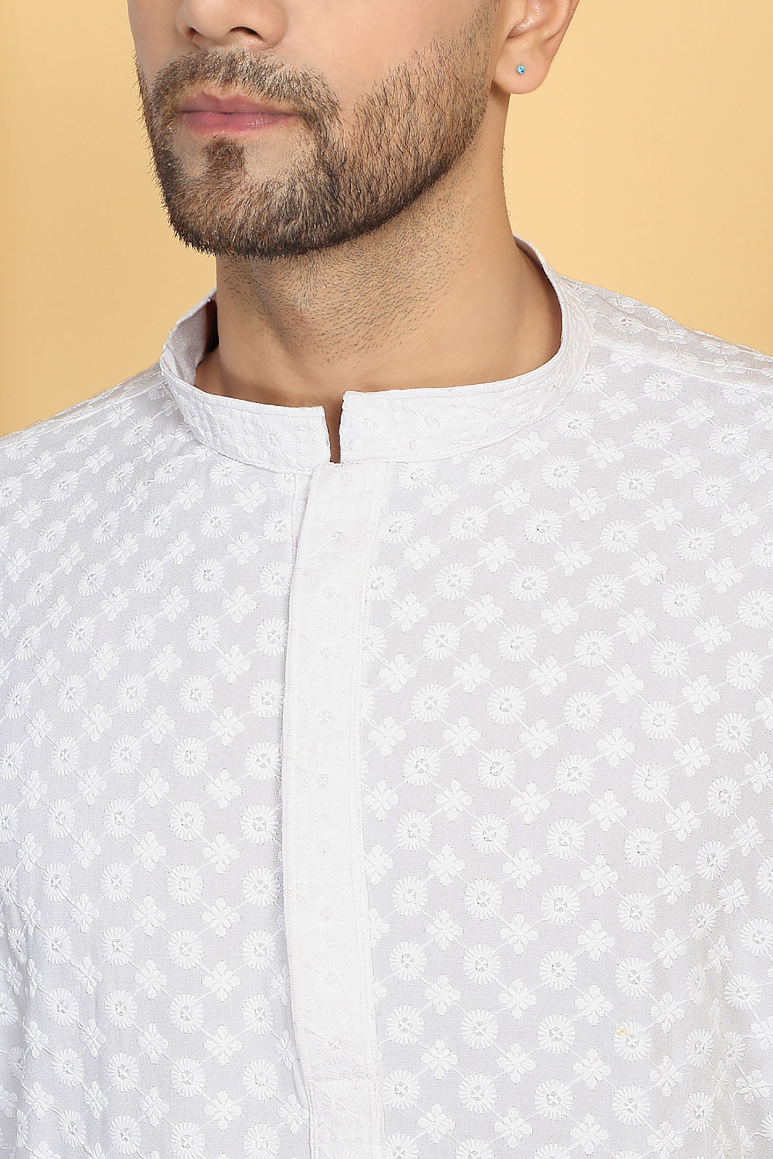Floral White Thread Embroidered Kurta Set