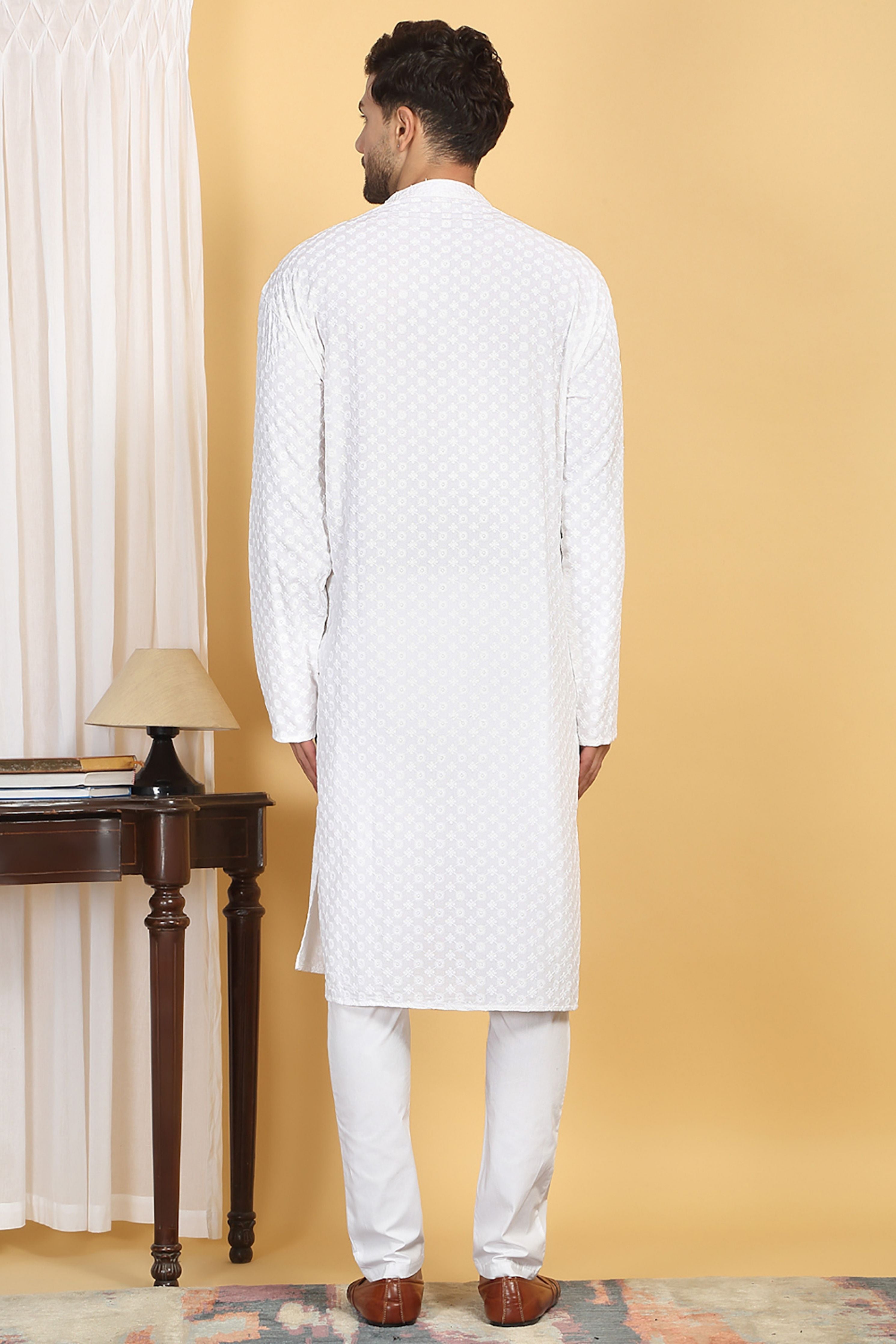 Floral White Thread Embroidered Kurta Set