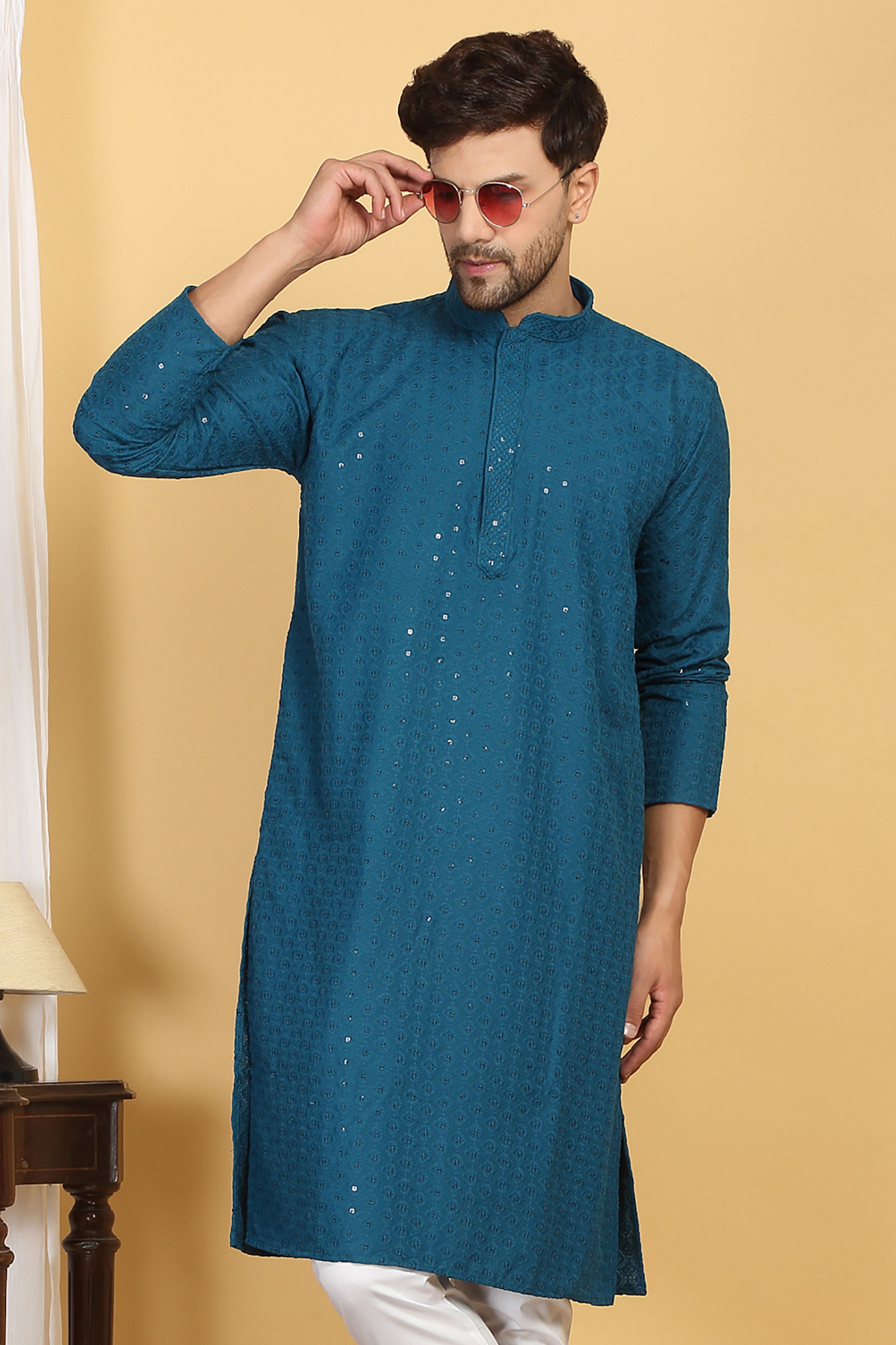 Aham Blue Thread Embroidered Kurta Churidaar Set