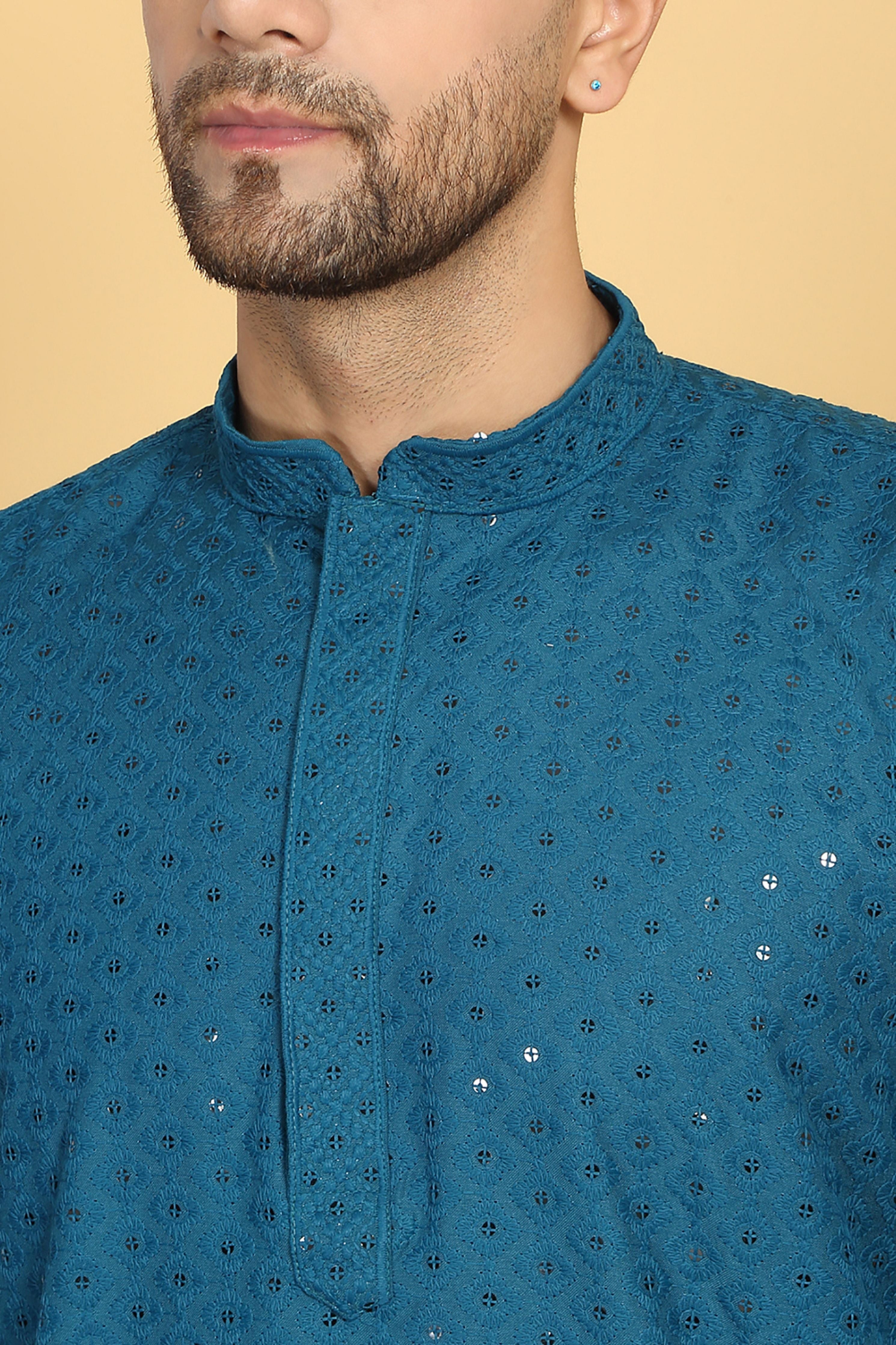 Aham Blue Thread Embroidered Kurta Churidaar Set