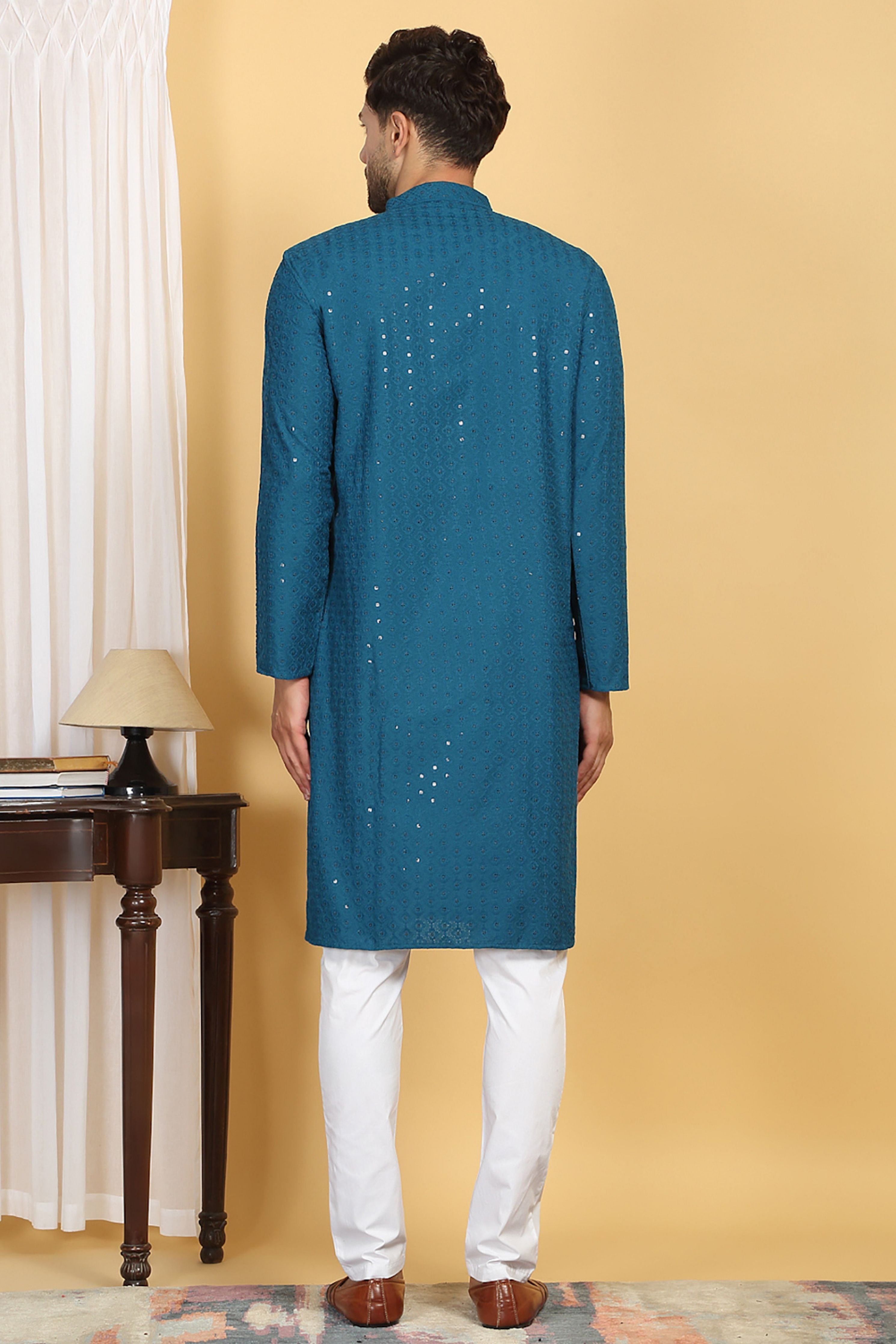 Aham Blue Thread Embroidered Kurta Churidaar Set