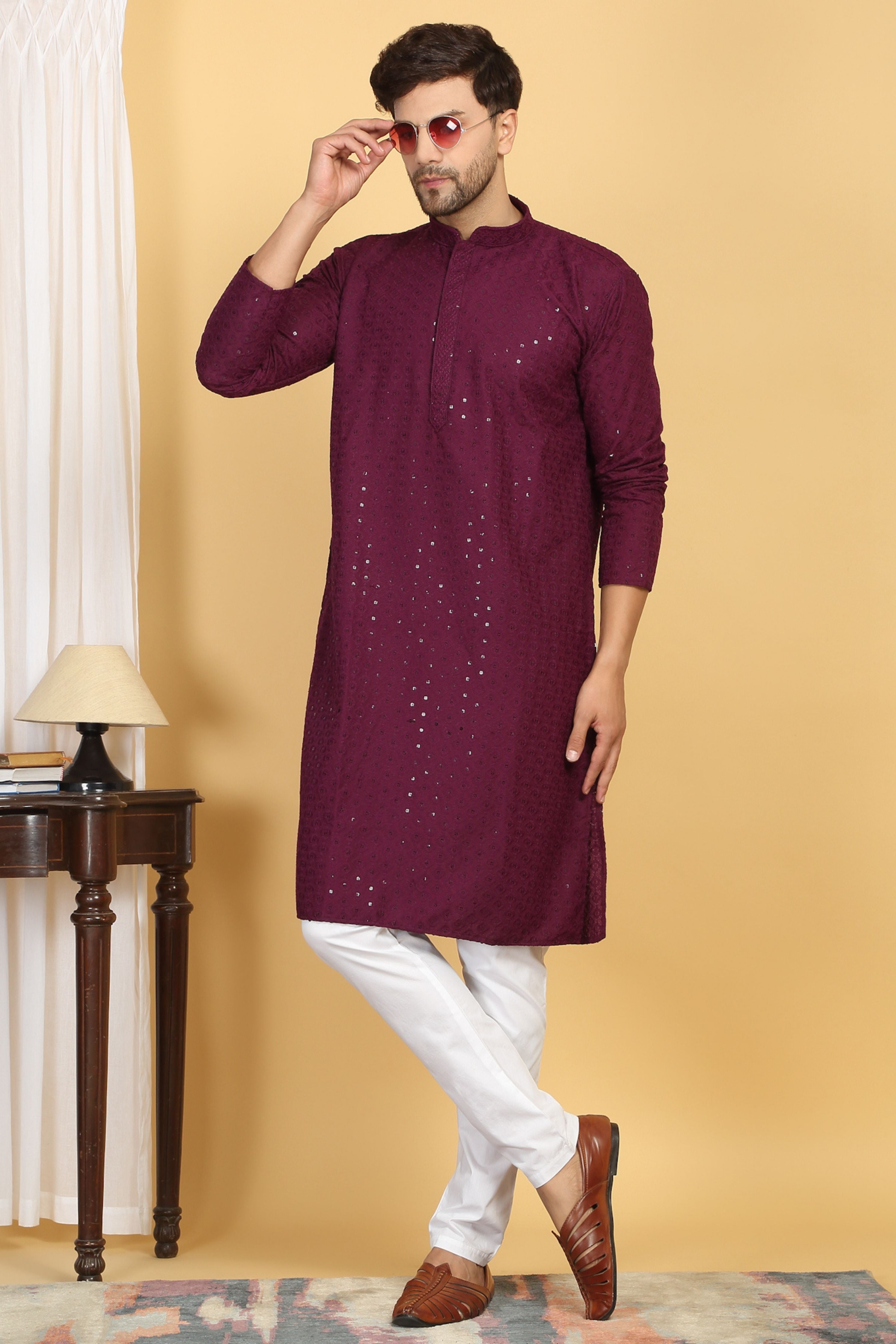 Aham Festive Wine Thread Embroidered Kurta Churidaar Set