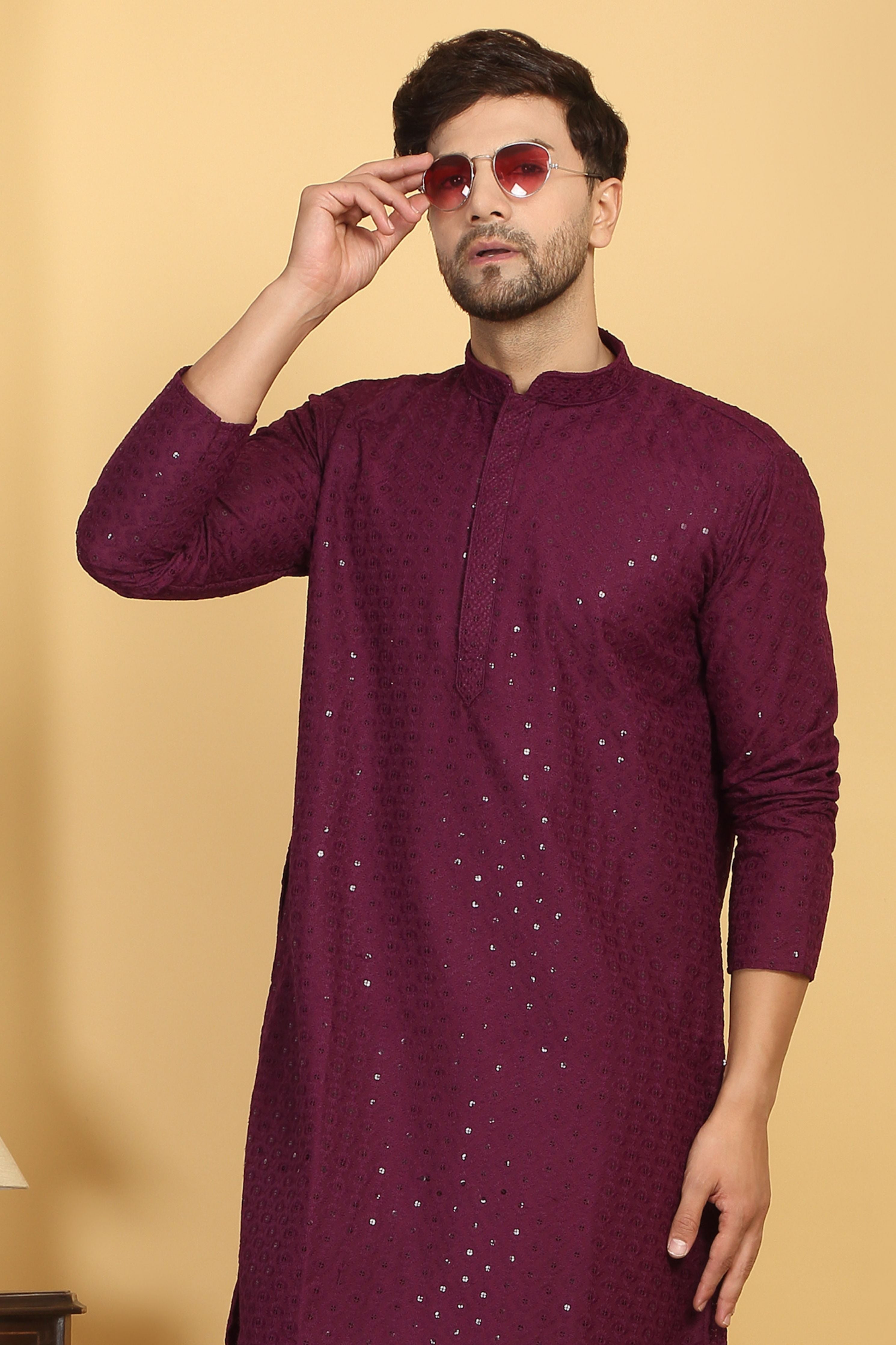 Aham Festive Wine Thread Embroidered Kurta Churidaar Set