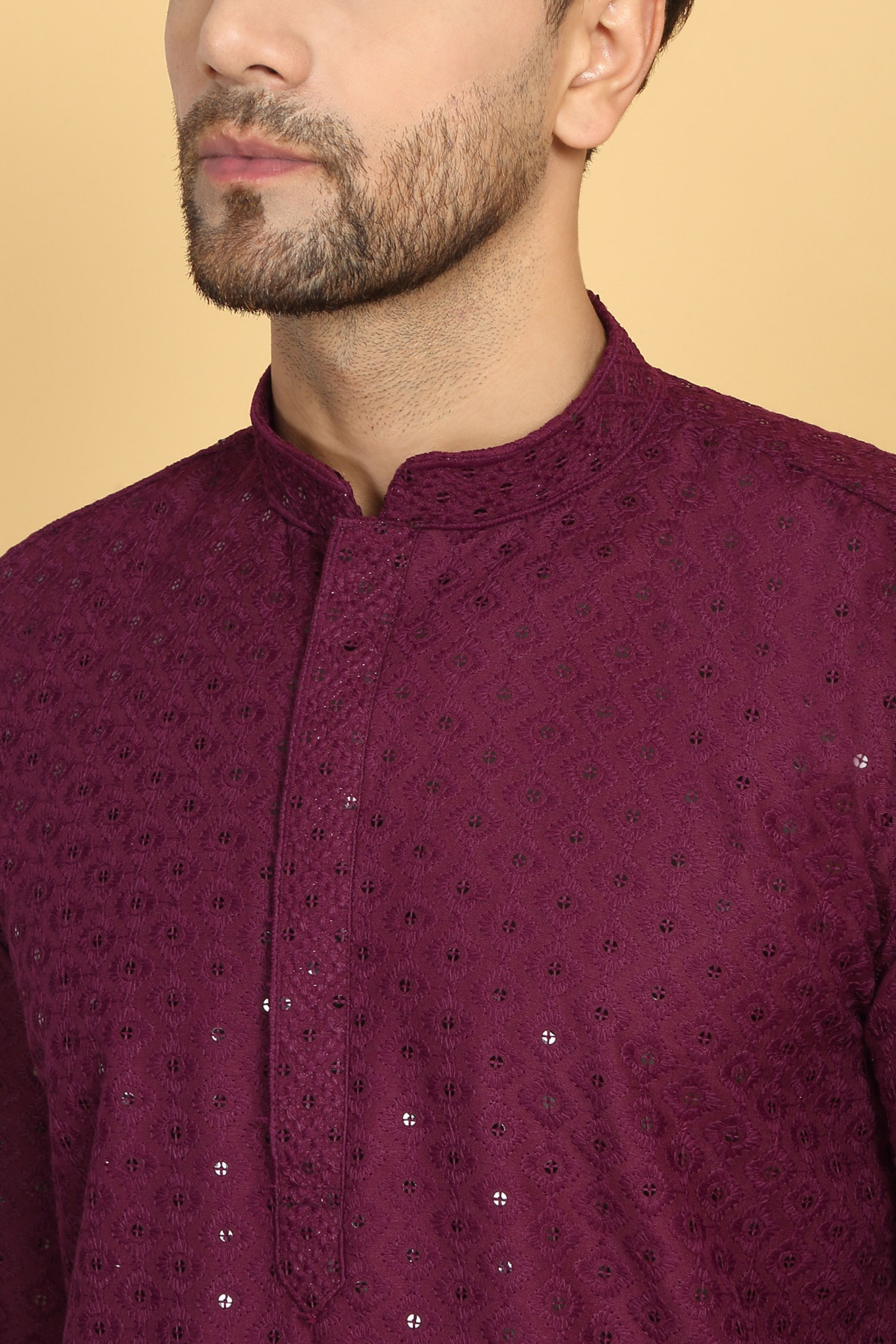 Aham Festive Wine Thread Embroidered Kurta Churidaar Set