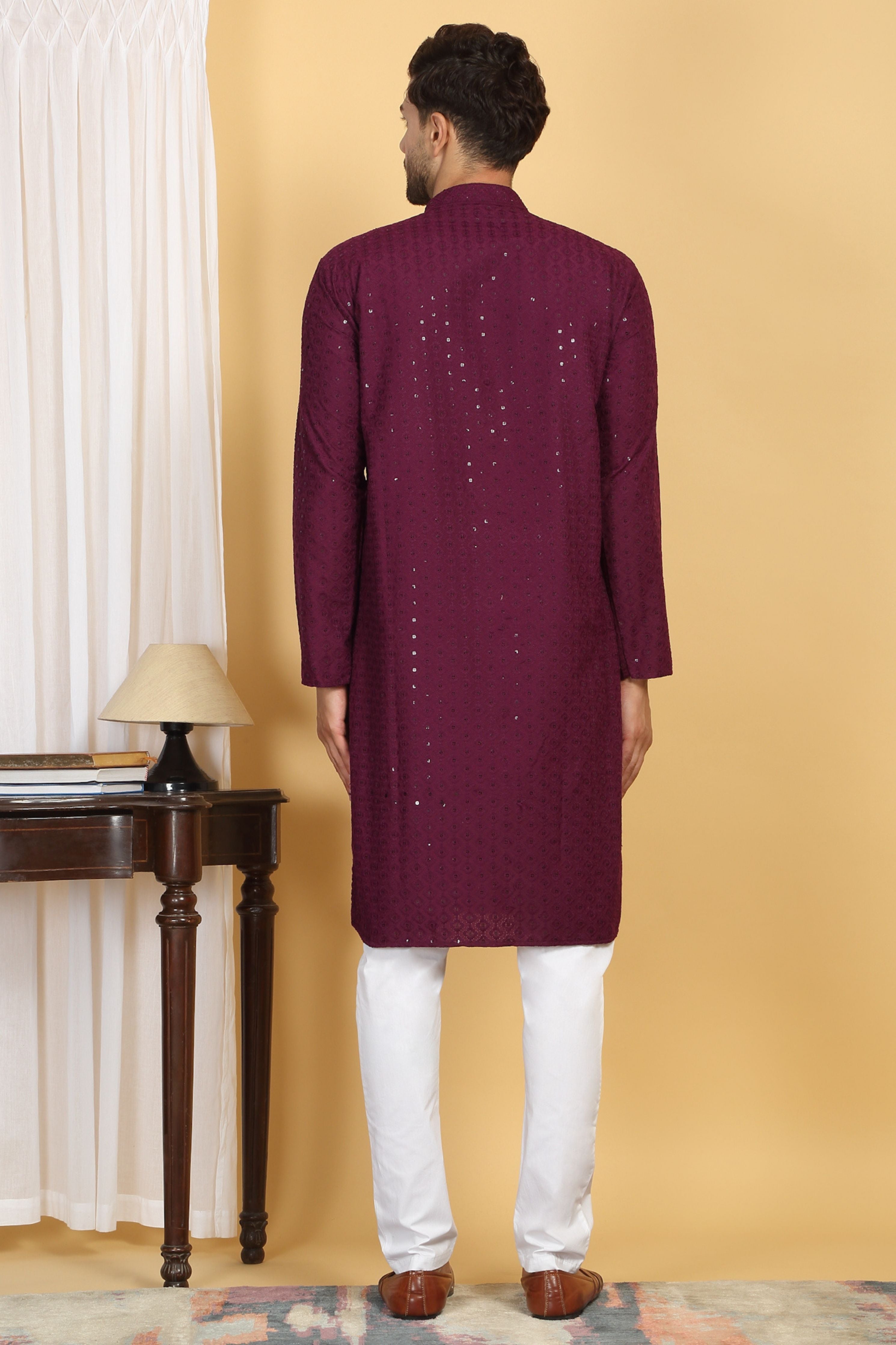 Aham Festive Wine Thread Embroidered Kurta Churidaar Set