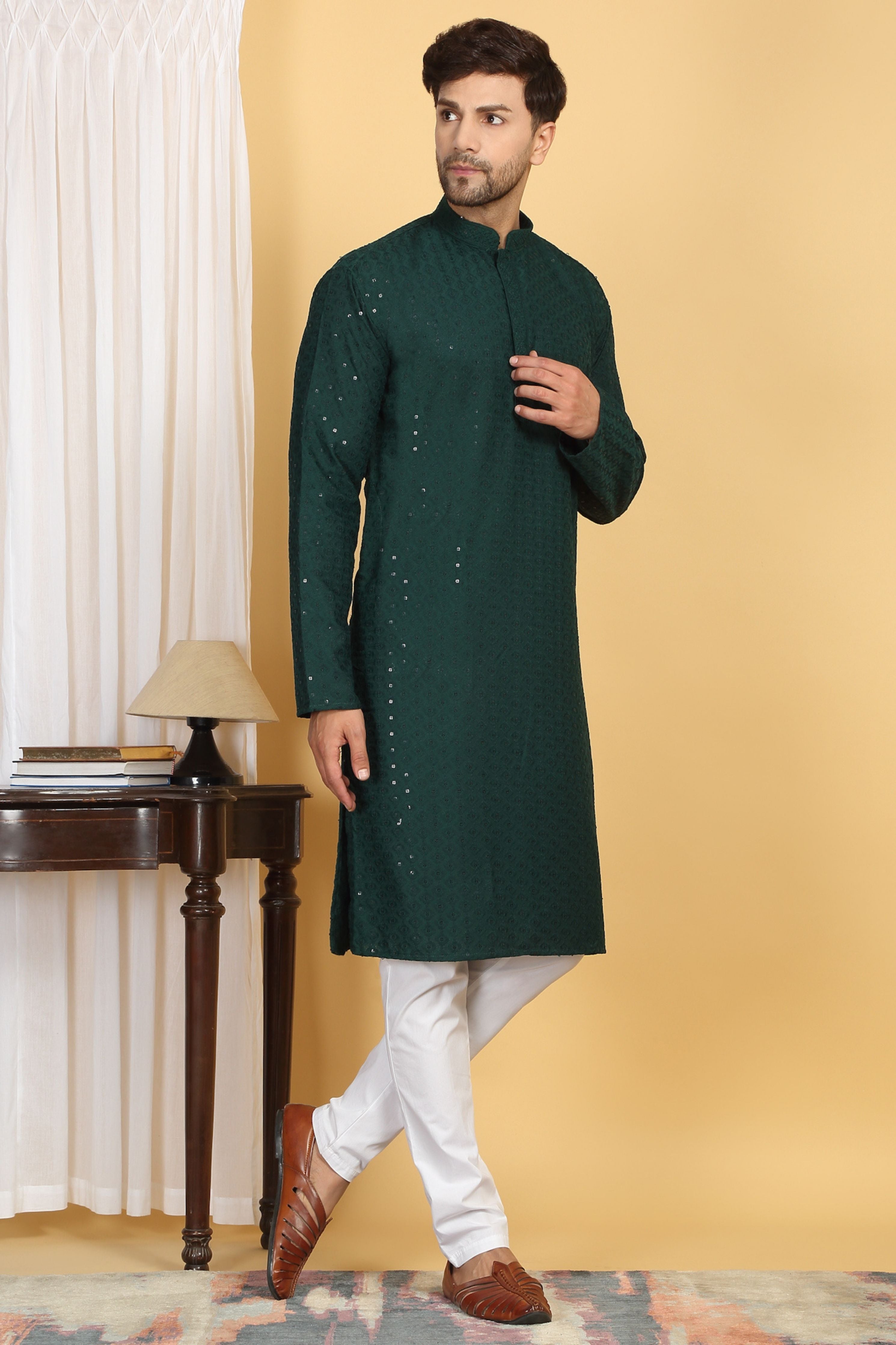 Aham Green Thread Embroidered Kurta Churidar Set
