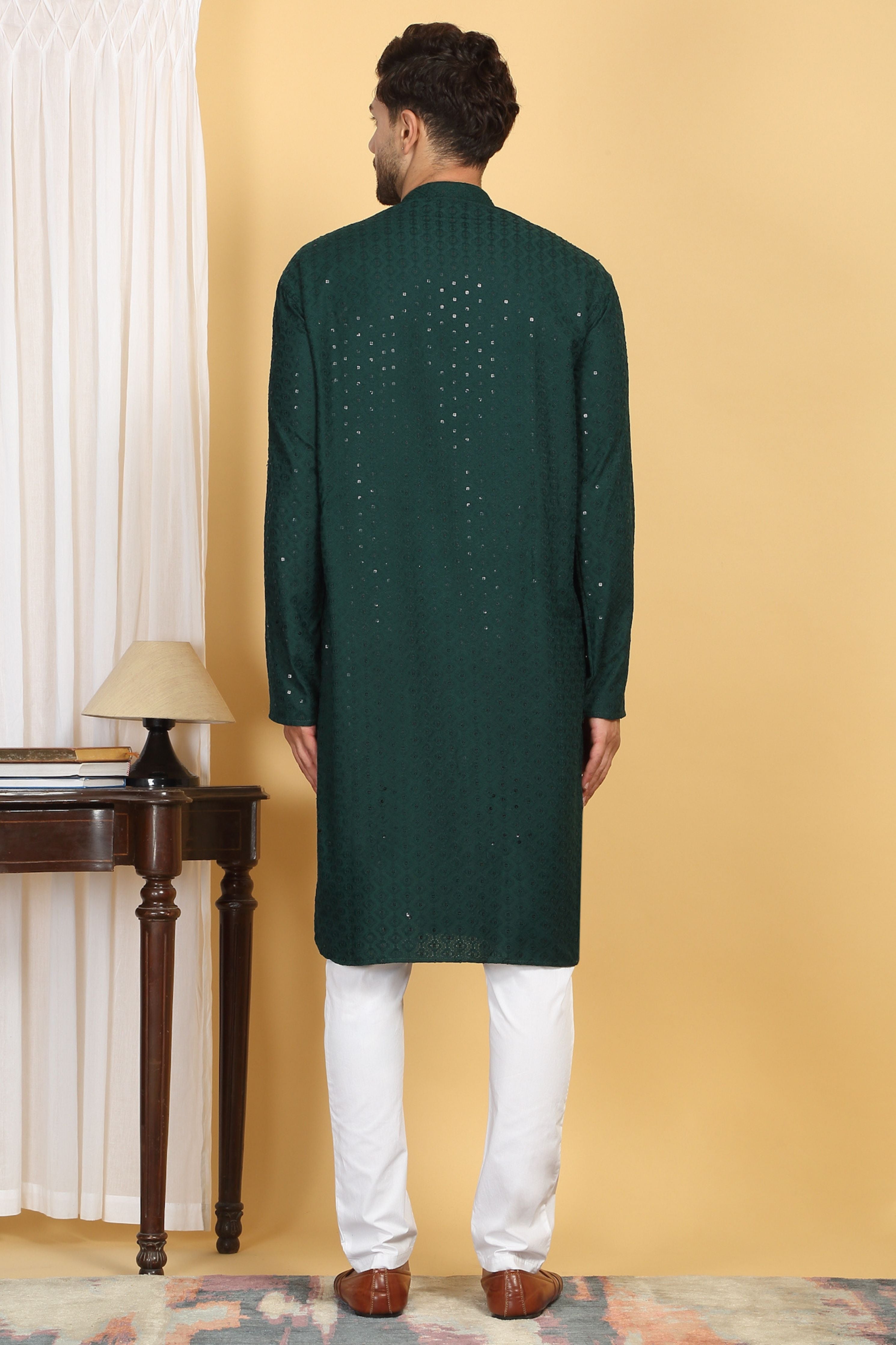 Aham Green Thread Embroidered Kurta Churidar Set