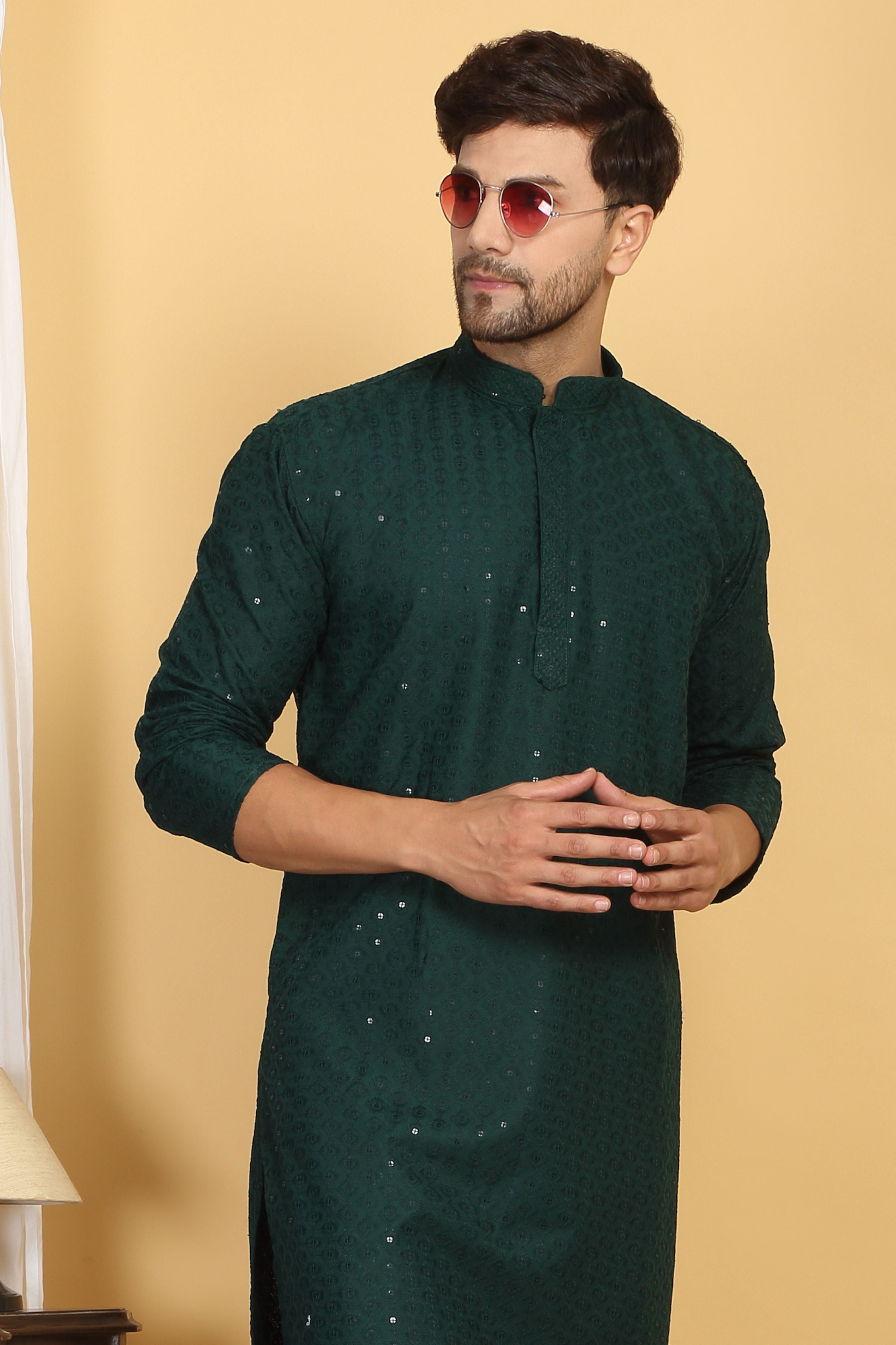 Aham Green Thread Embroidered Kurta Churidar Set
