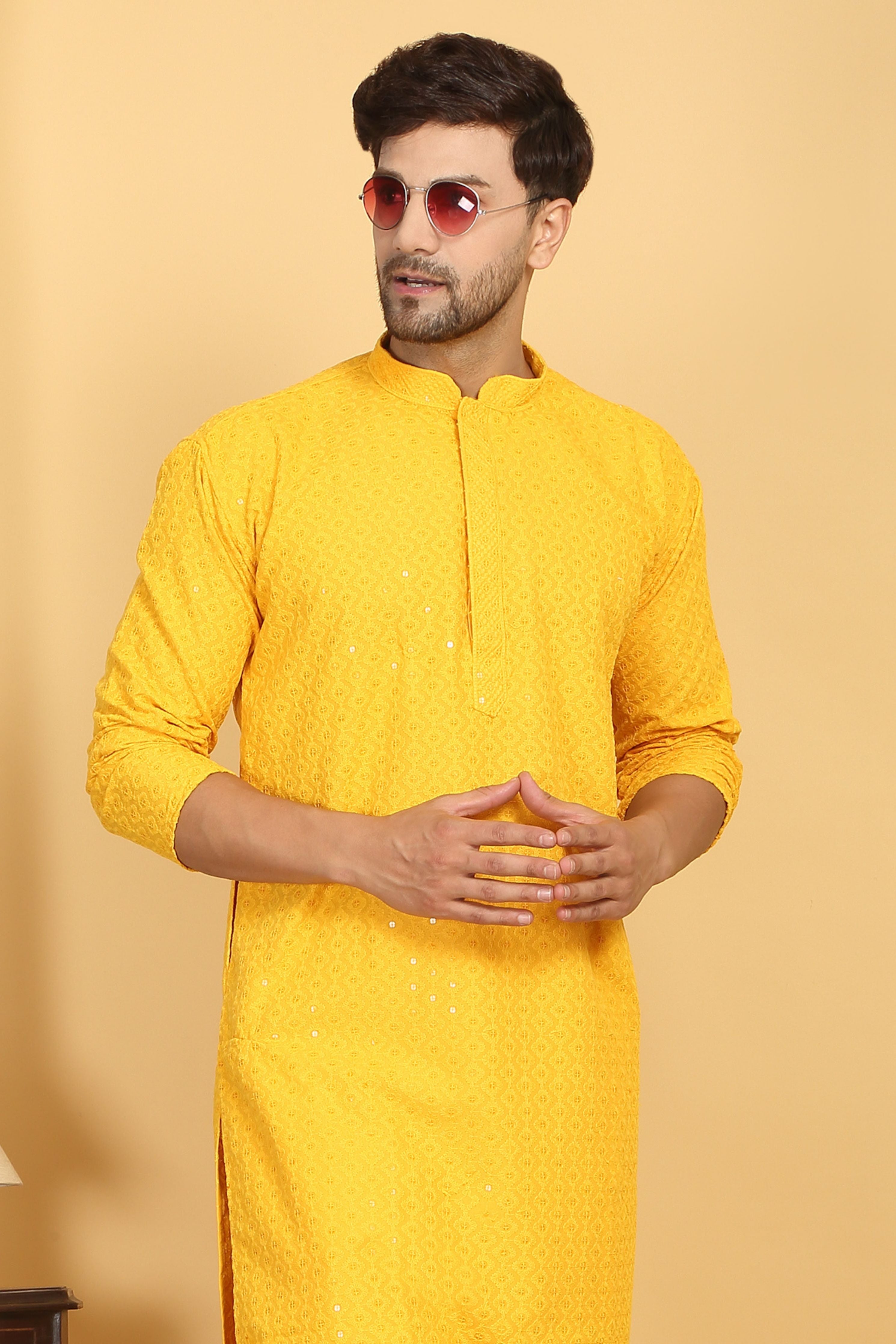 Aham Yellow Thread Embroidered Kurta Churidaar Set