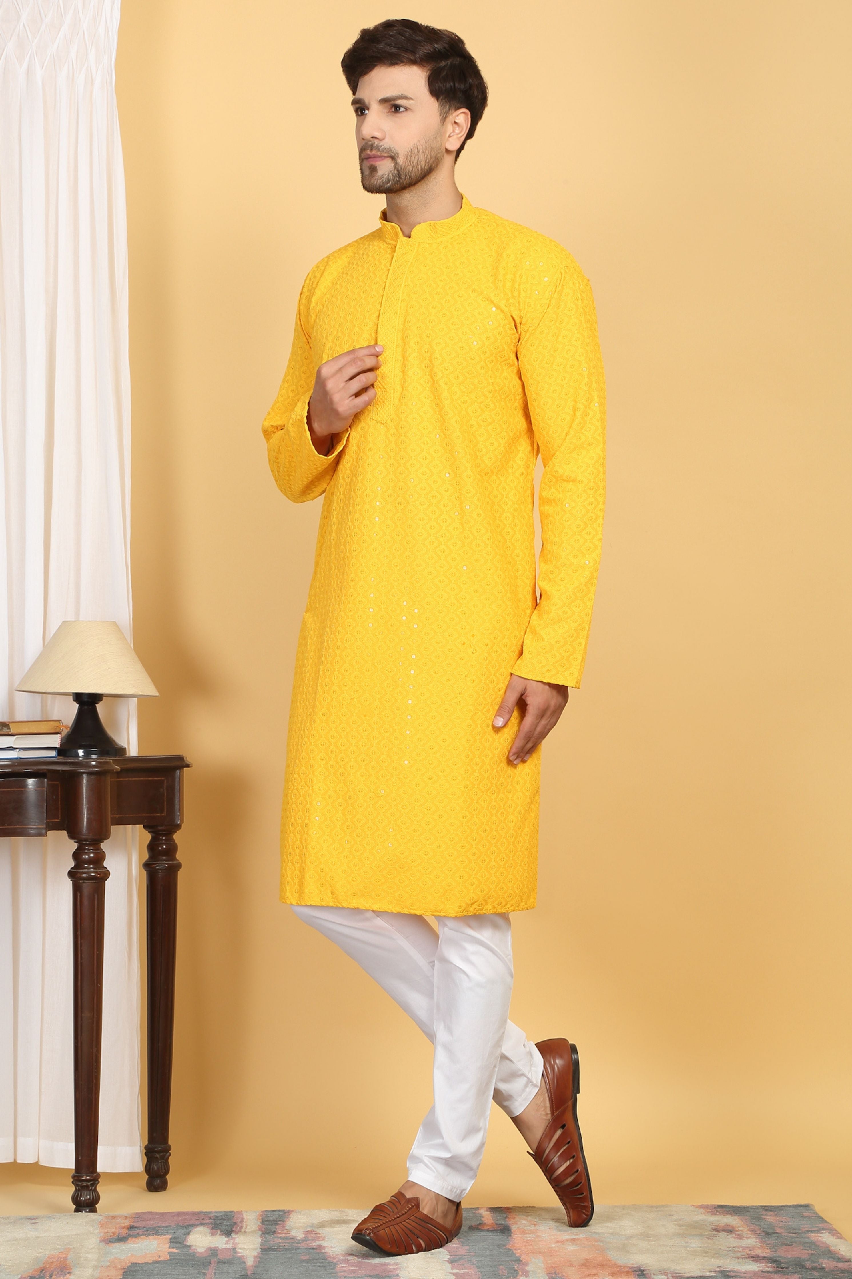 Aham Yellow Thread Embroidered Kurta Churidaar Set