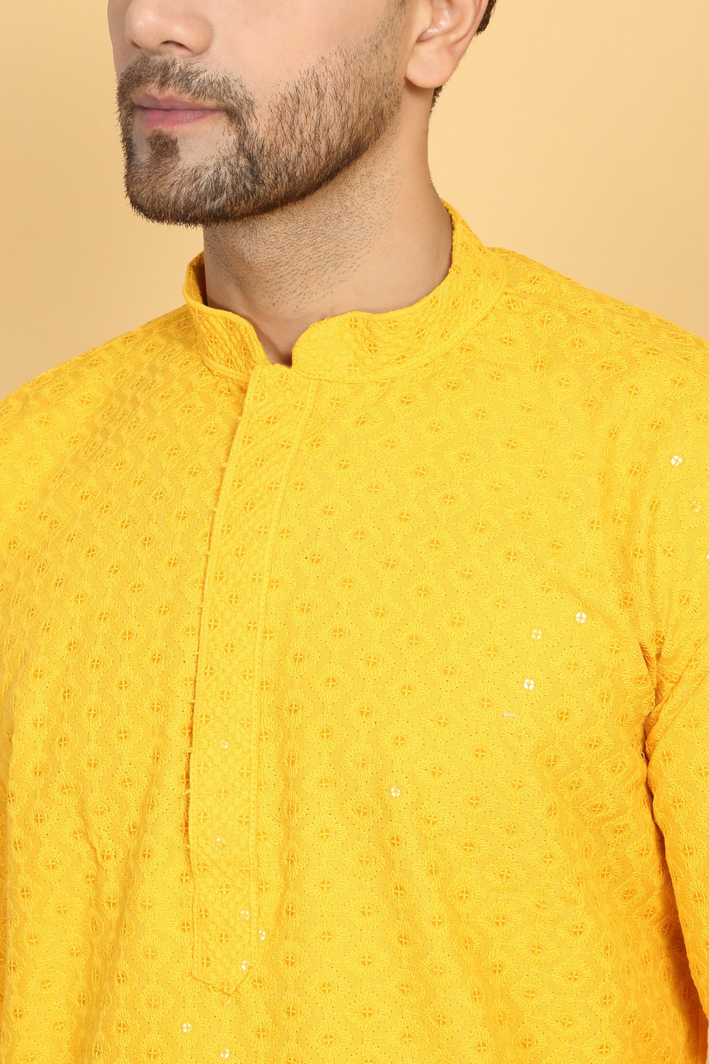 Aham Yellow Thread Embroidered Kurta Churidaar Set