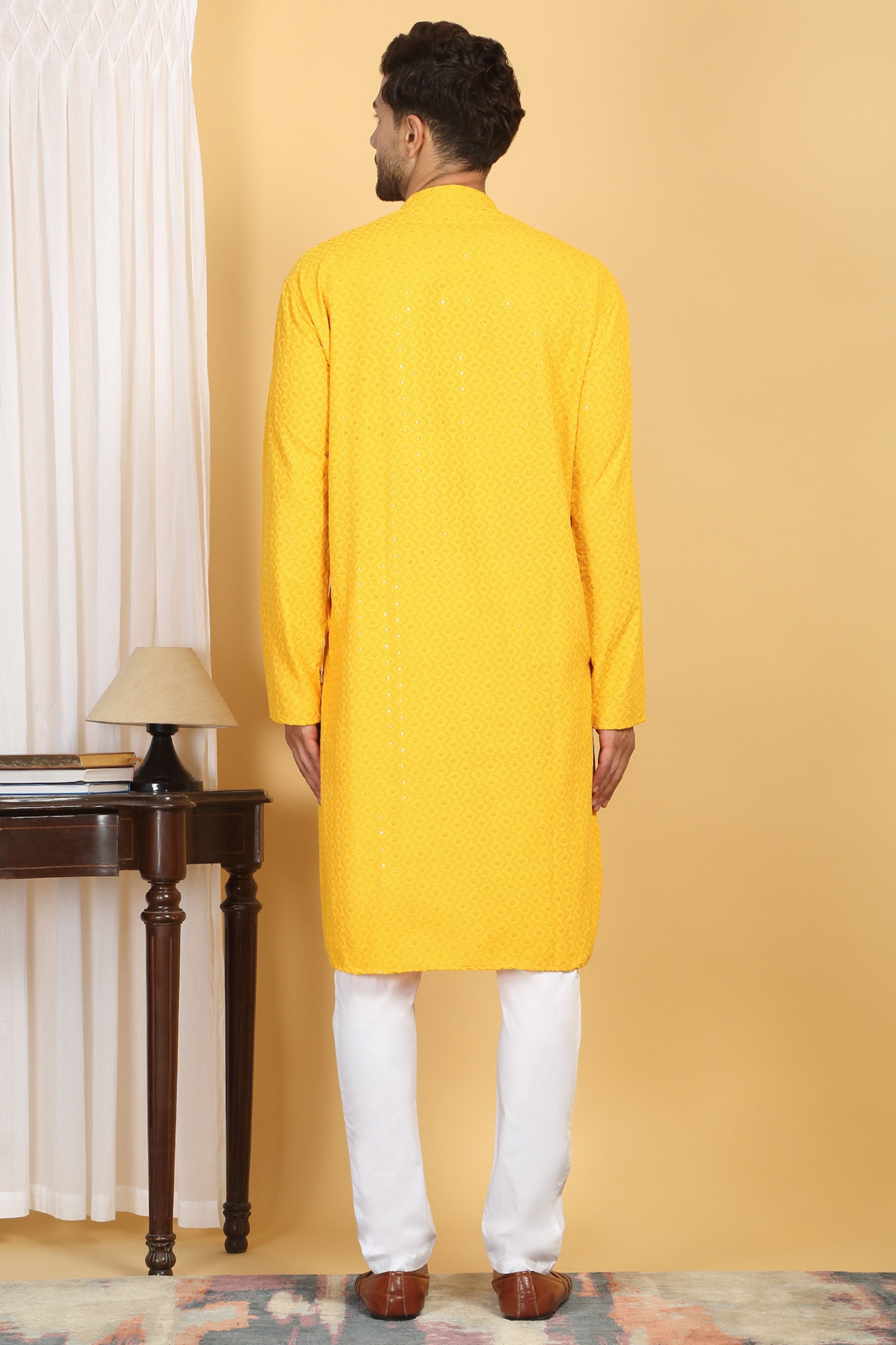 Aham Yellow Thread Embroidered Kurta Churidaar Set