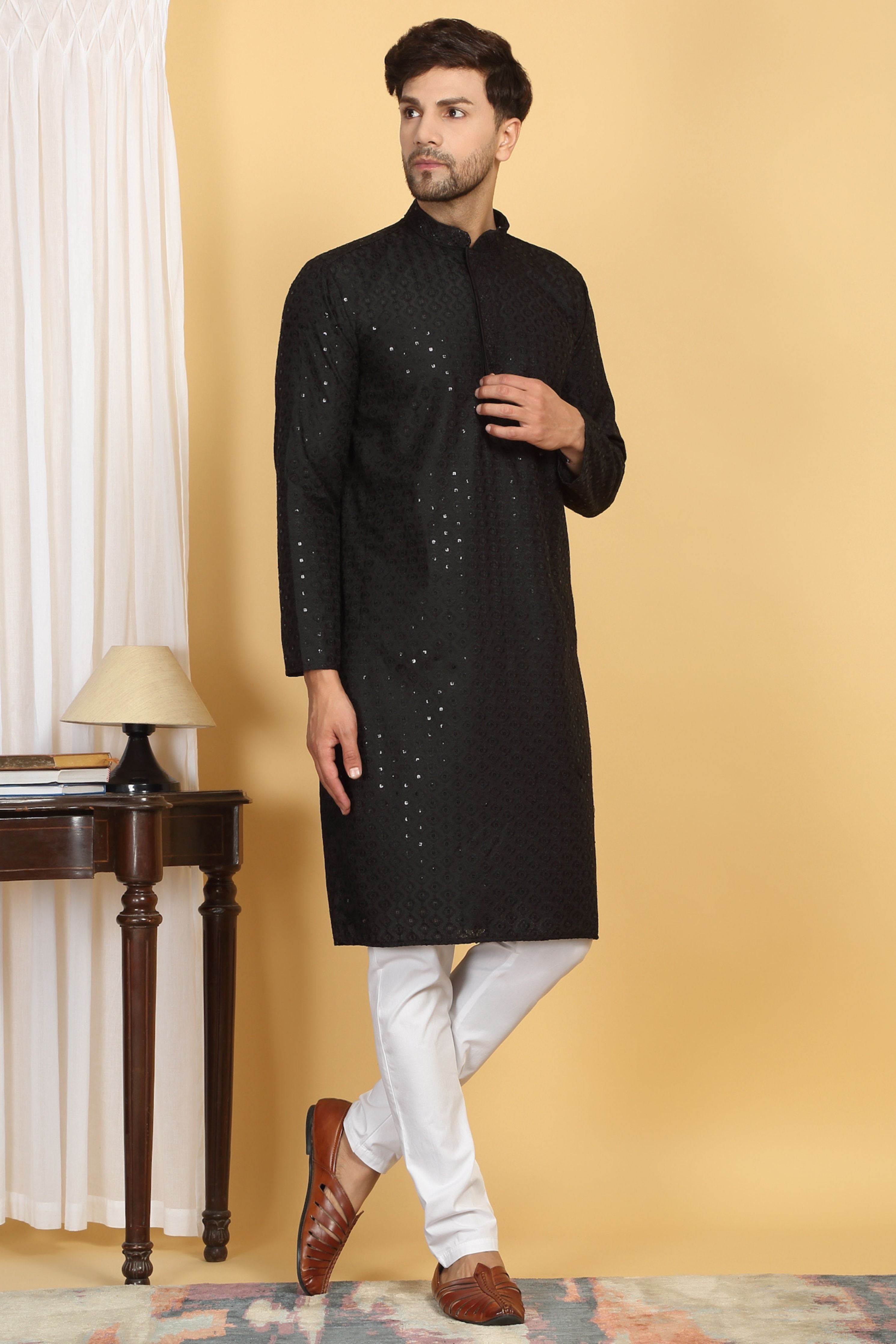 Black Thread Embroidered Kurta Churidar Set