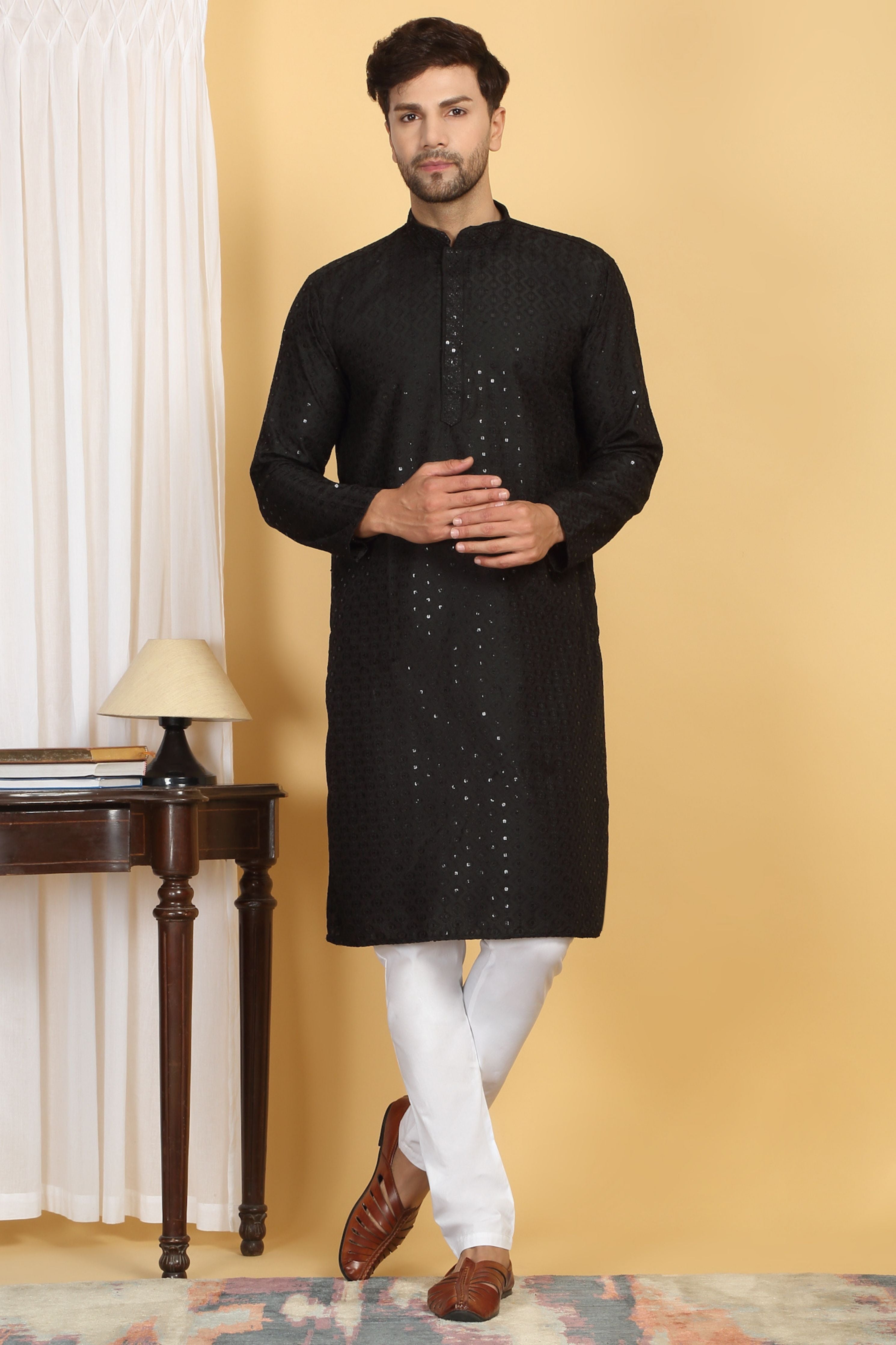 Black Thread Embroidered Kurta Churidar Set