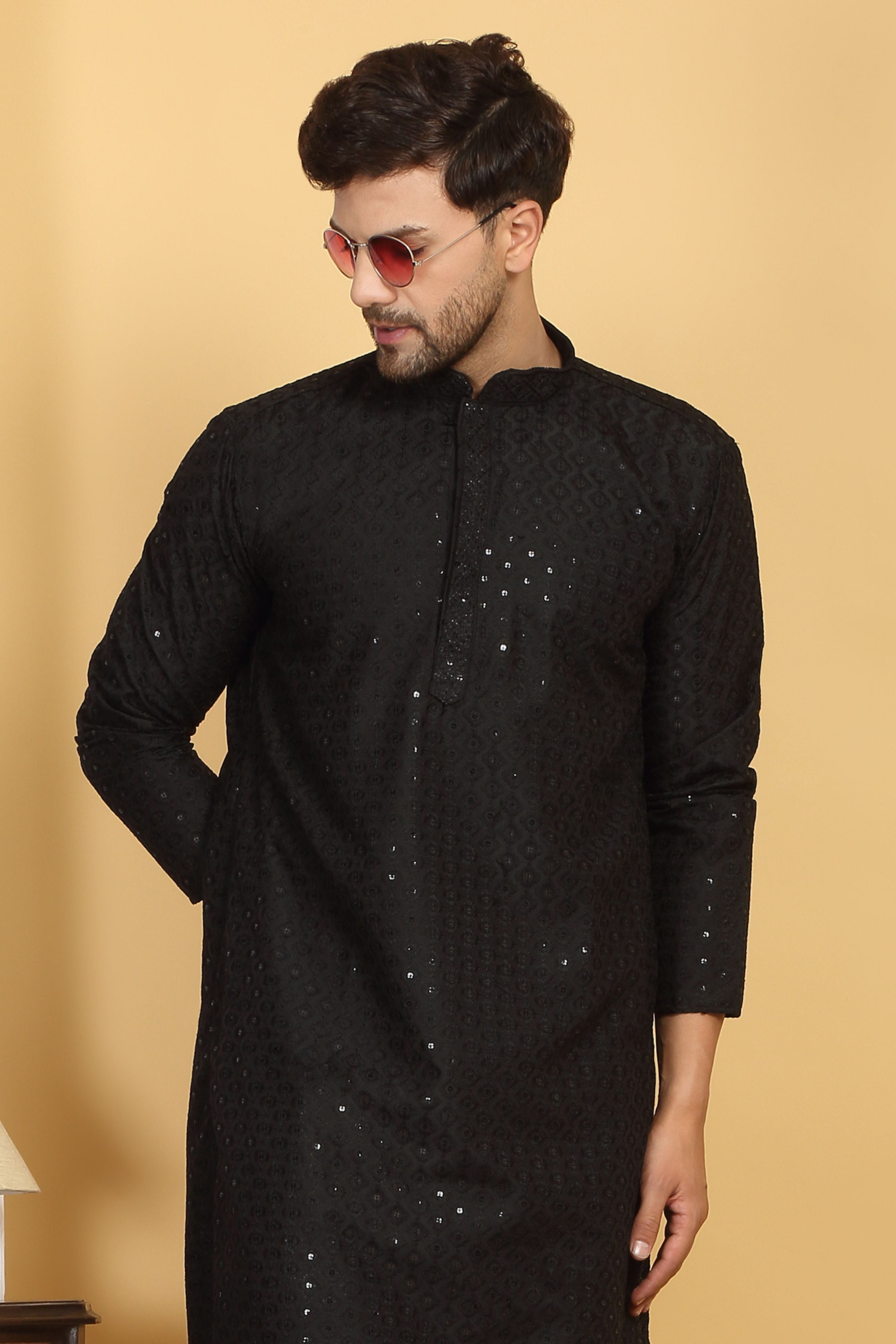 Black Thread Embroidered Kurta Churidar Set