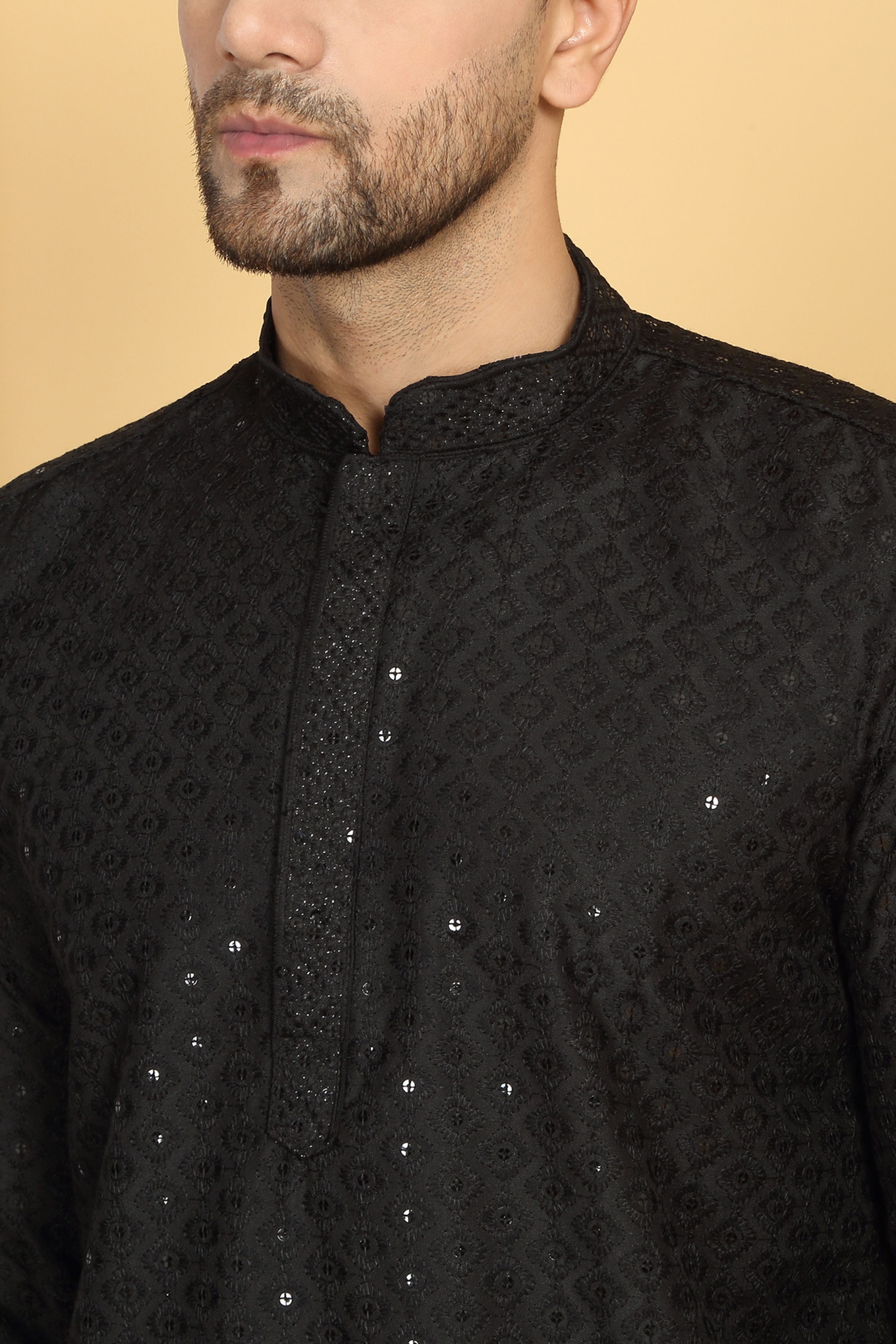 Black Thread Embroidered Kurta Churidar Set