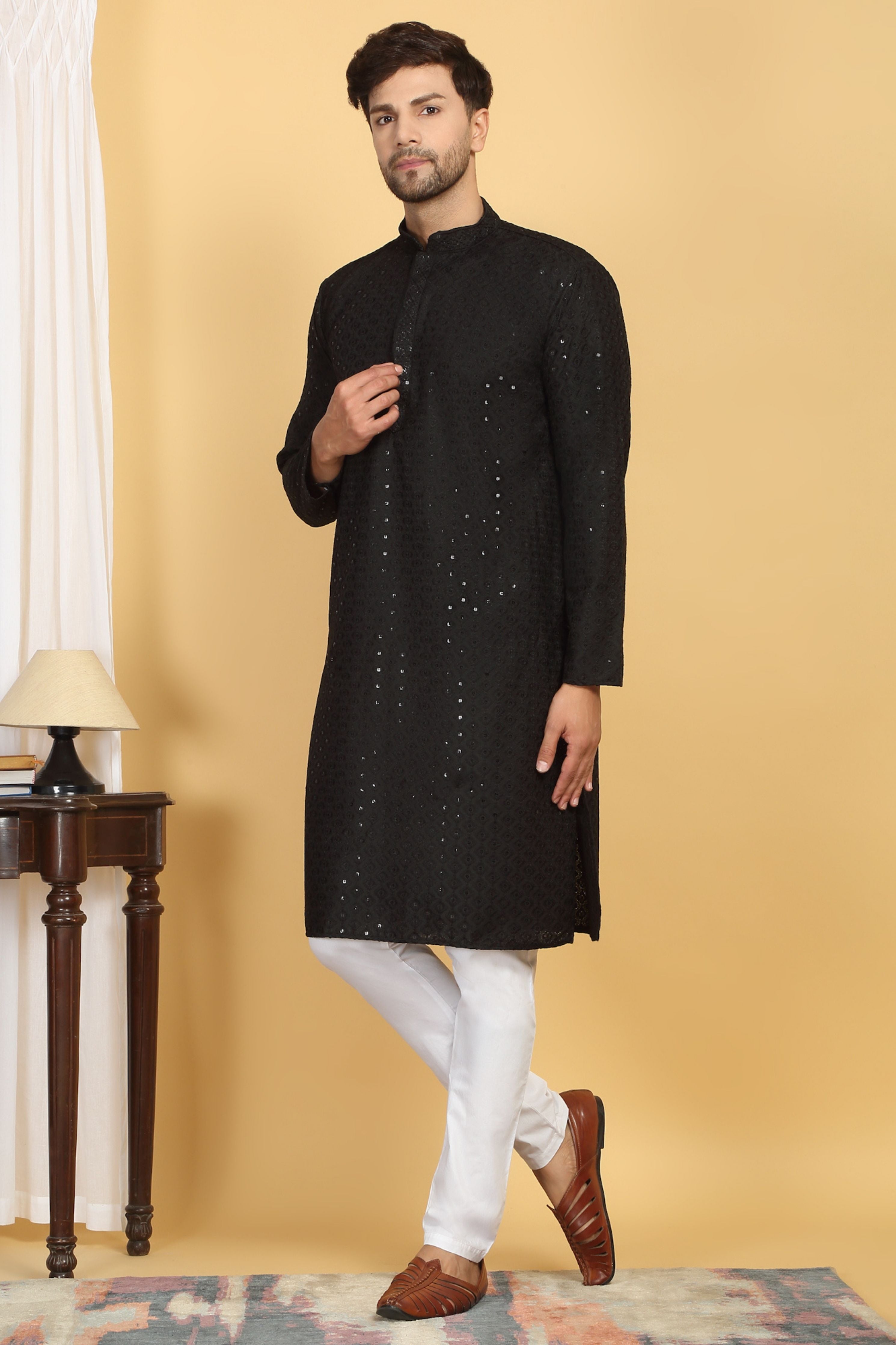 Black Thread Embroidered Kurta Churidar Set