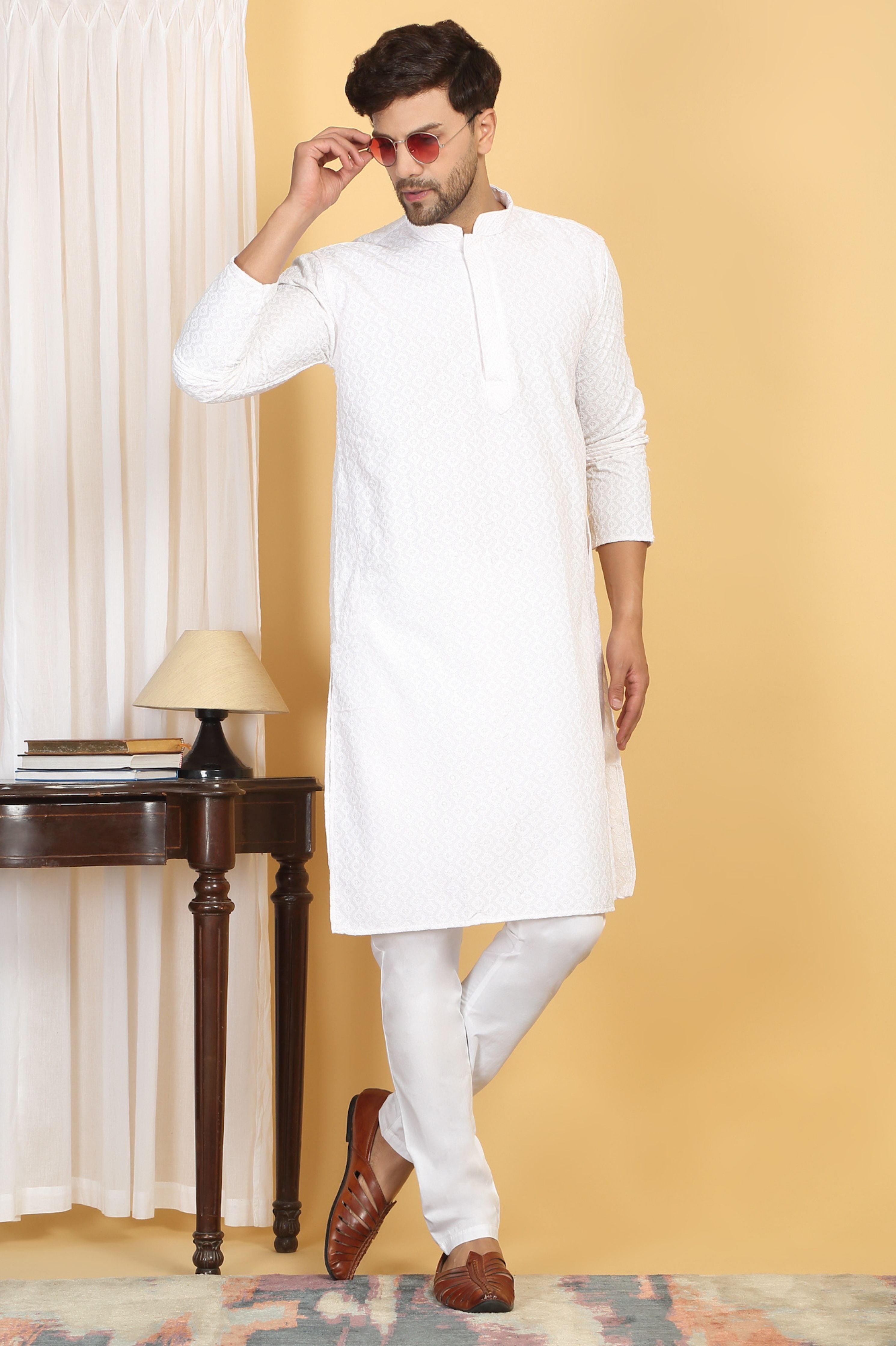 White Thread Embroidered Kurta Churidar Set