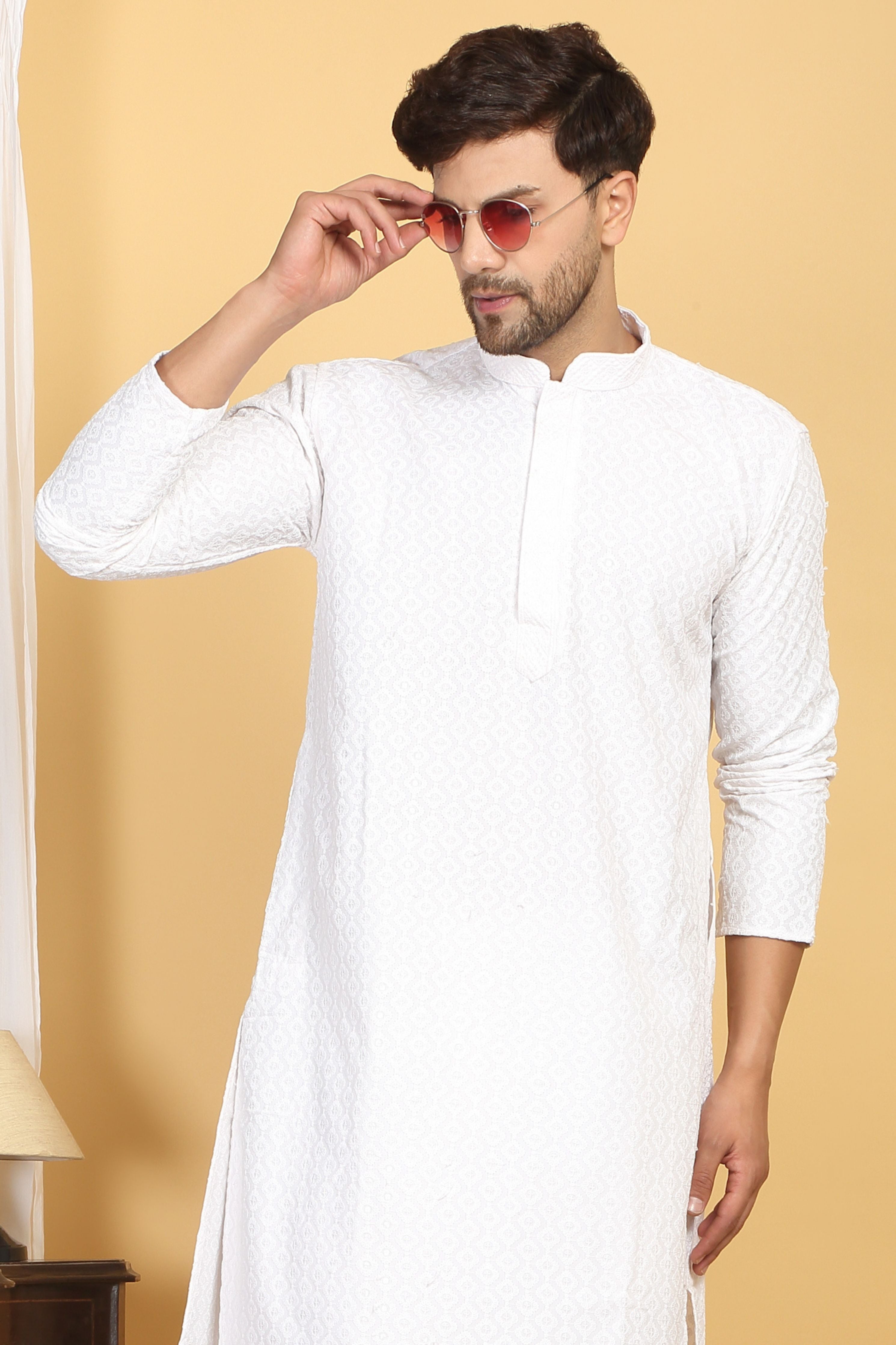 White Thread Embroidered Kurta Churidar Set
