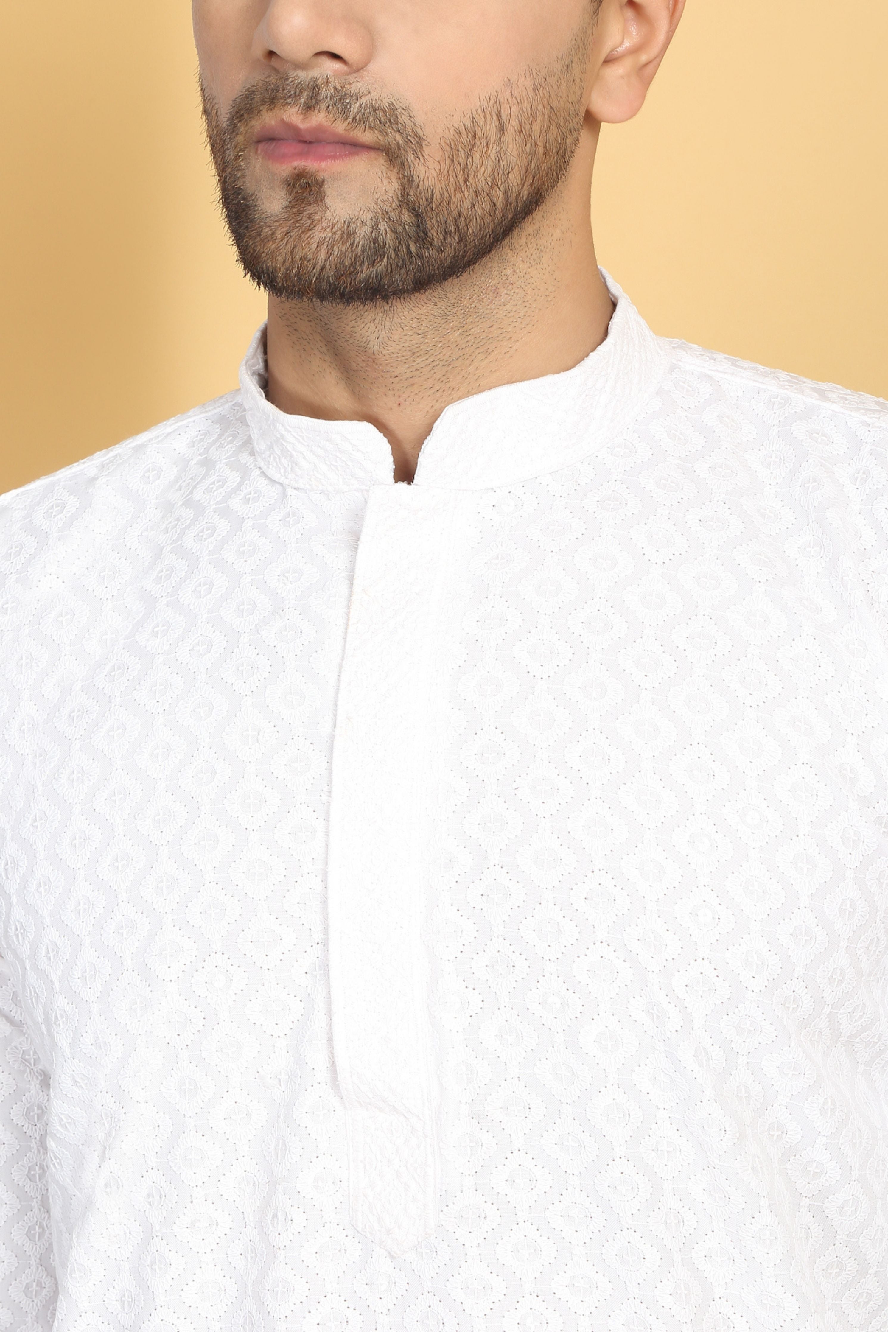 White Thread Embroidered Kurta Churidar Set