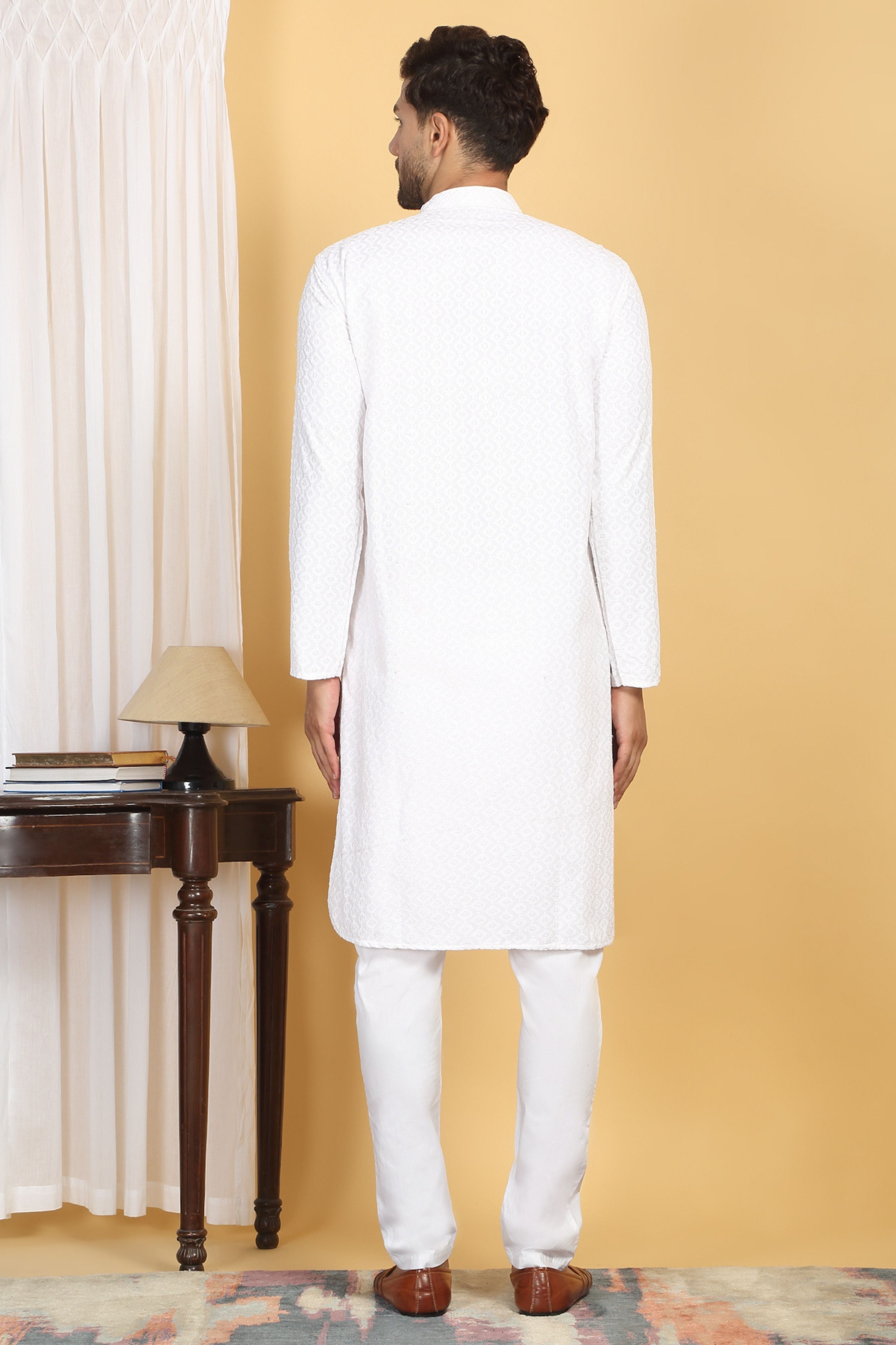 White Thread Embroidered Kurta Churidar Set