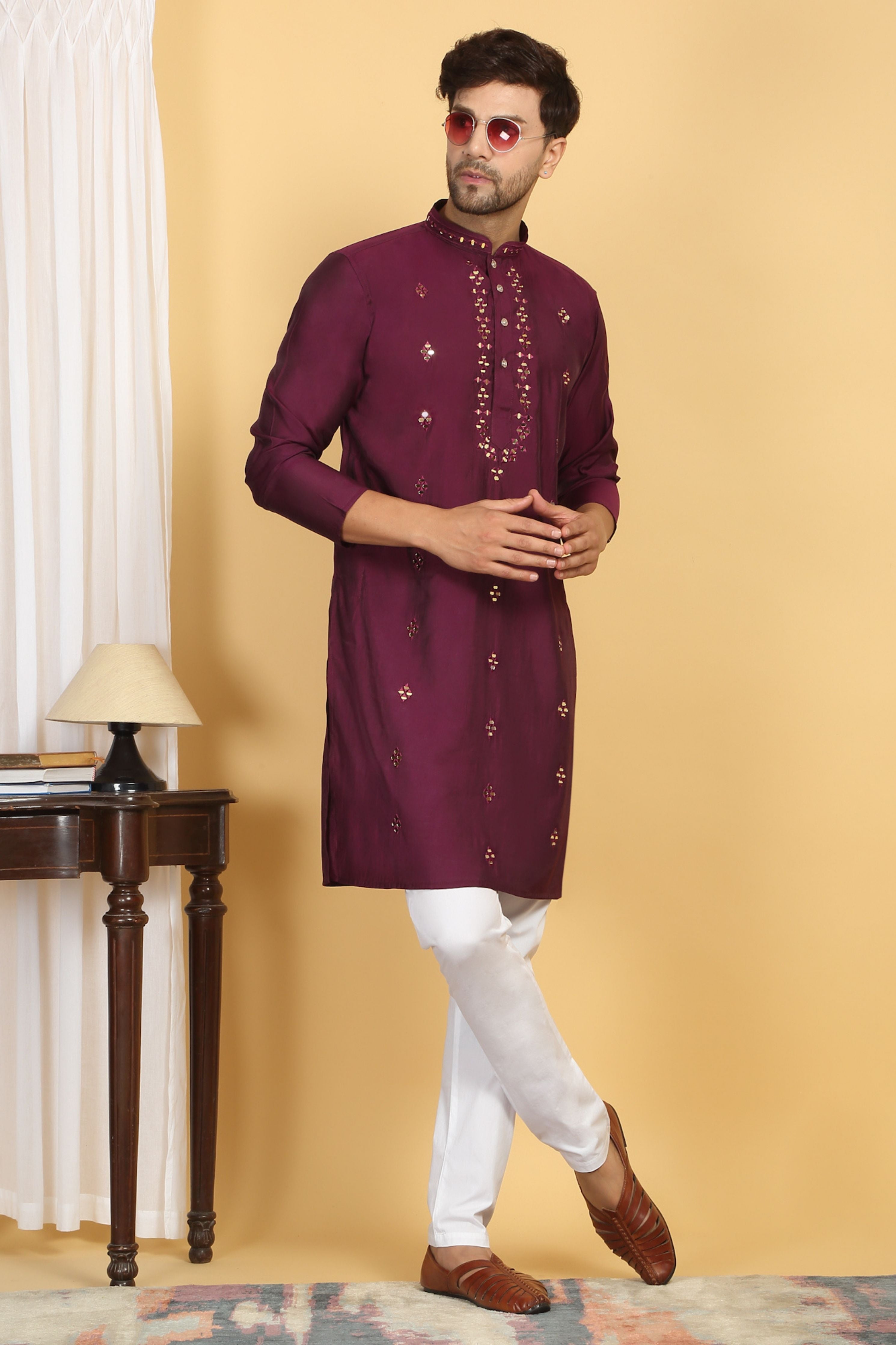 Swarna Wine Mirror Embroidery Work Kurta Set