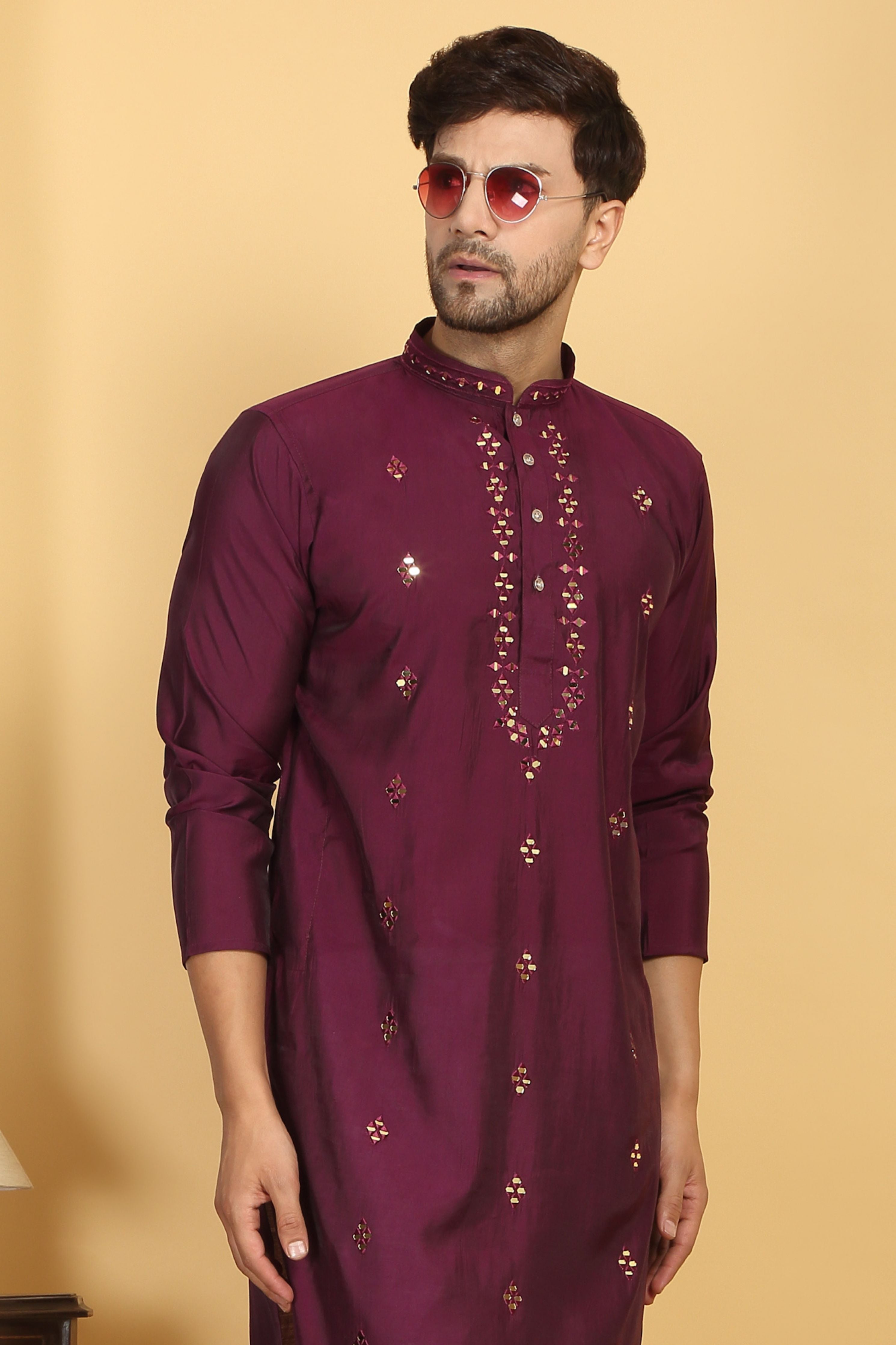 Swarna Wine Mirror Embroidery Work Kurta Set