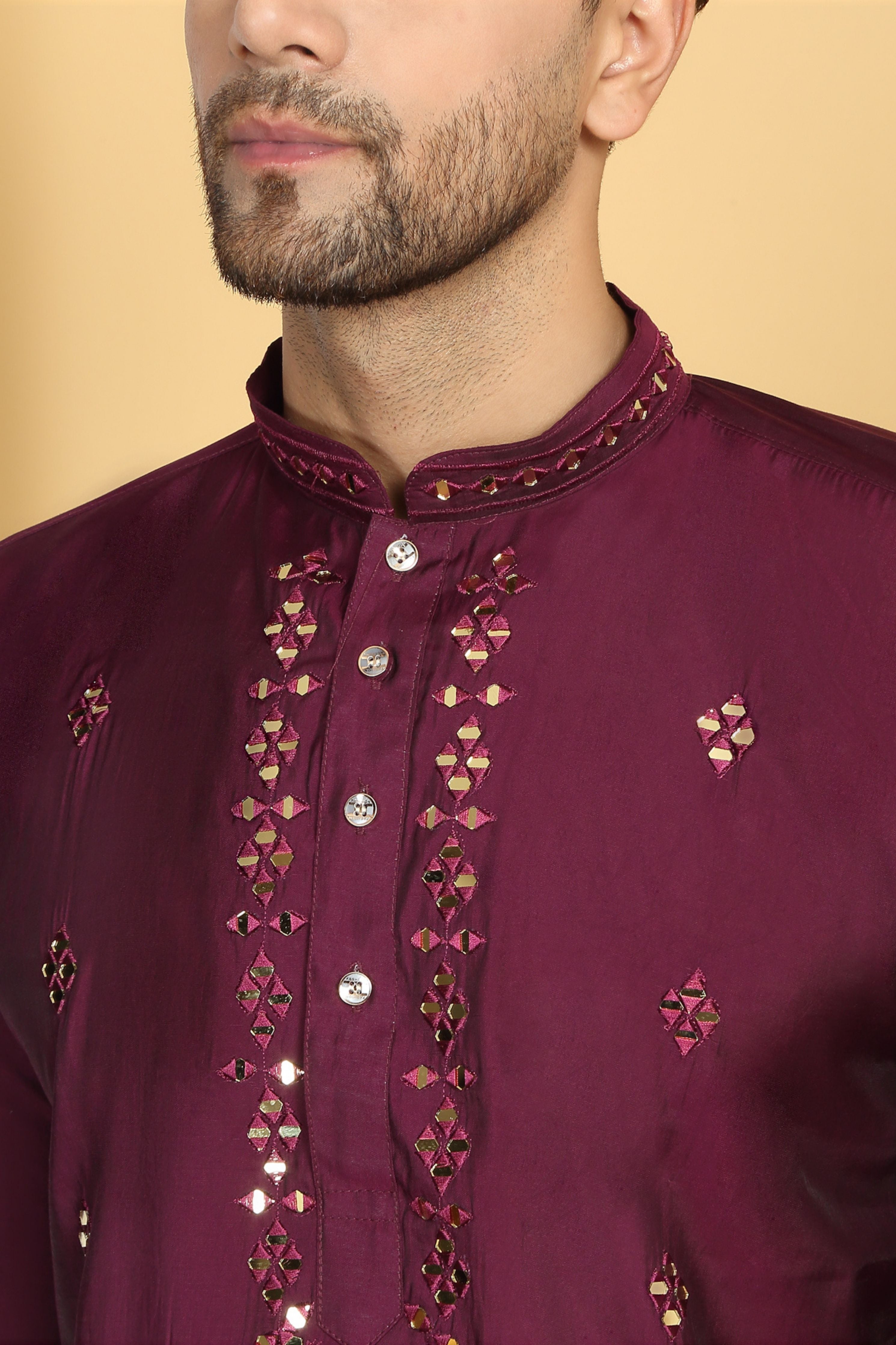 Swarna Wine Mirror Embroidery Work Kurta Set
