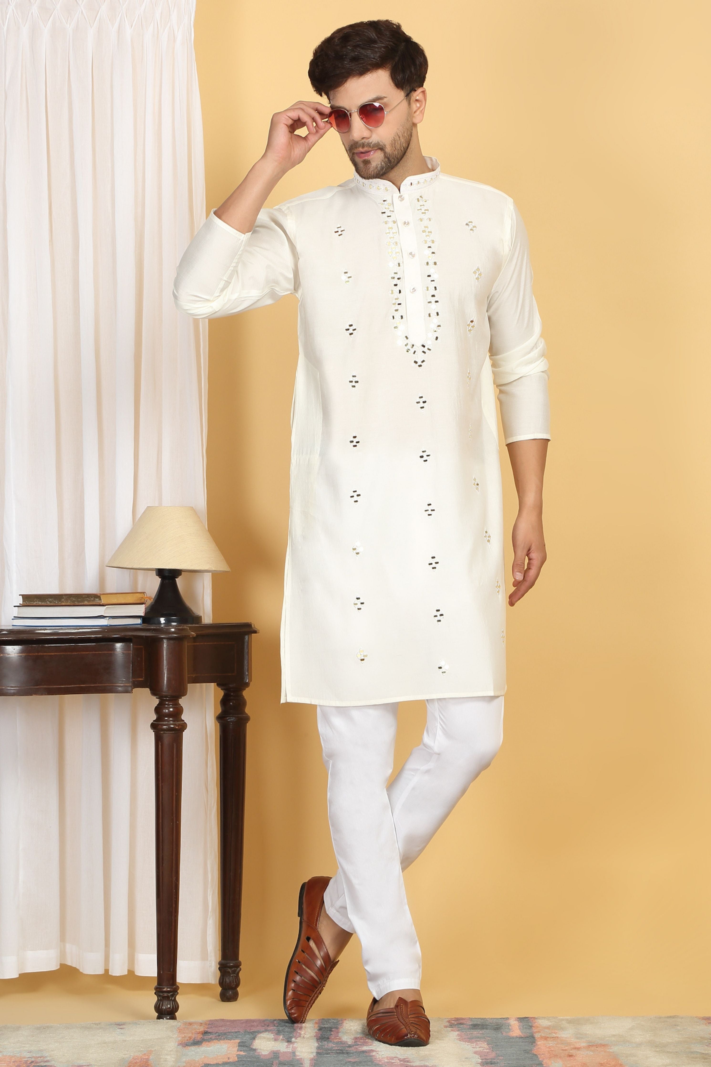 Swarna Off White Mirror Embroidery Work Kurta Set