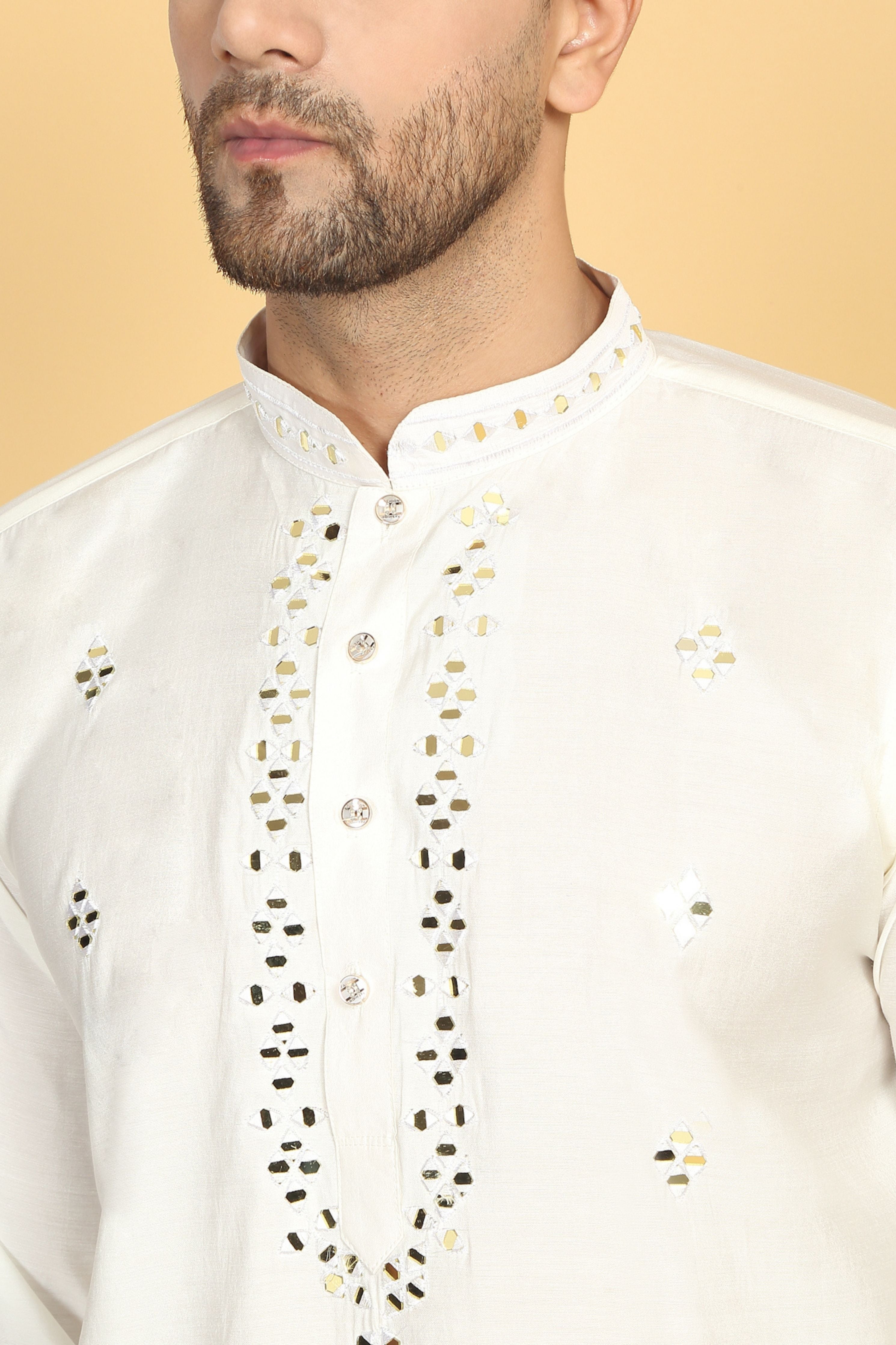 Swarna Off White Mirror Embroidery Work Kurta Set