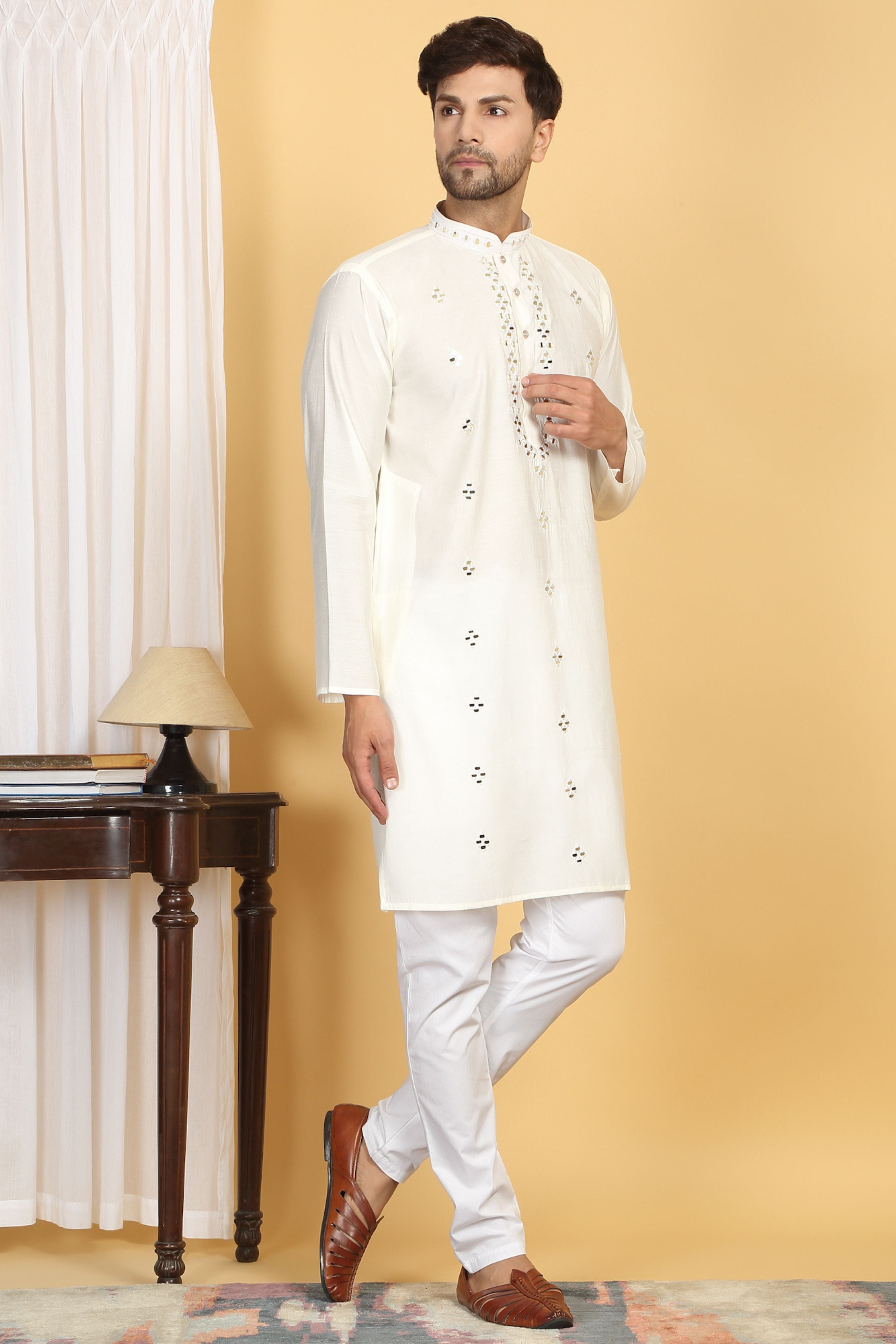 Swarna Off White Mirror Embroidery Work Kurta Set