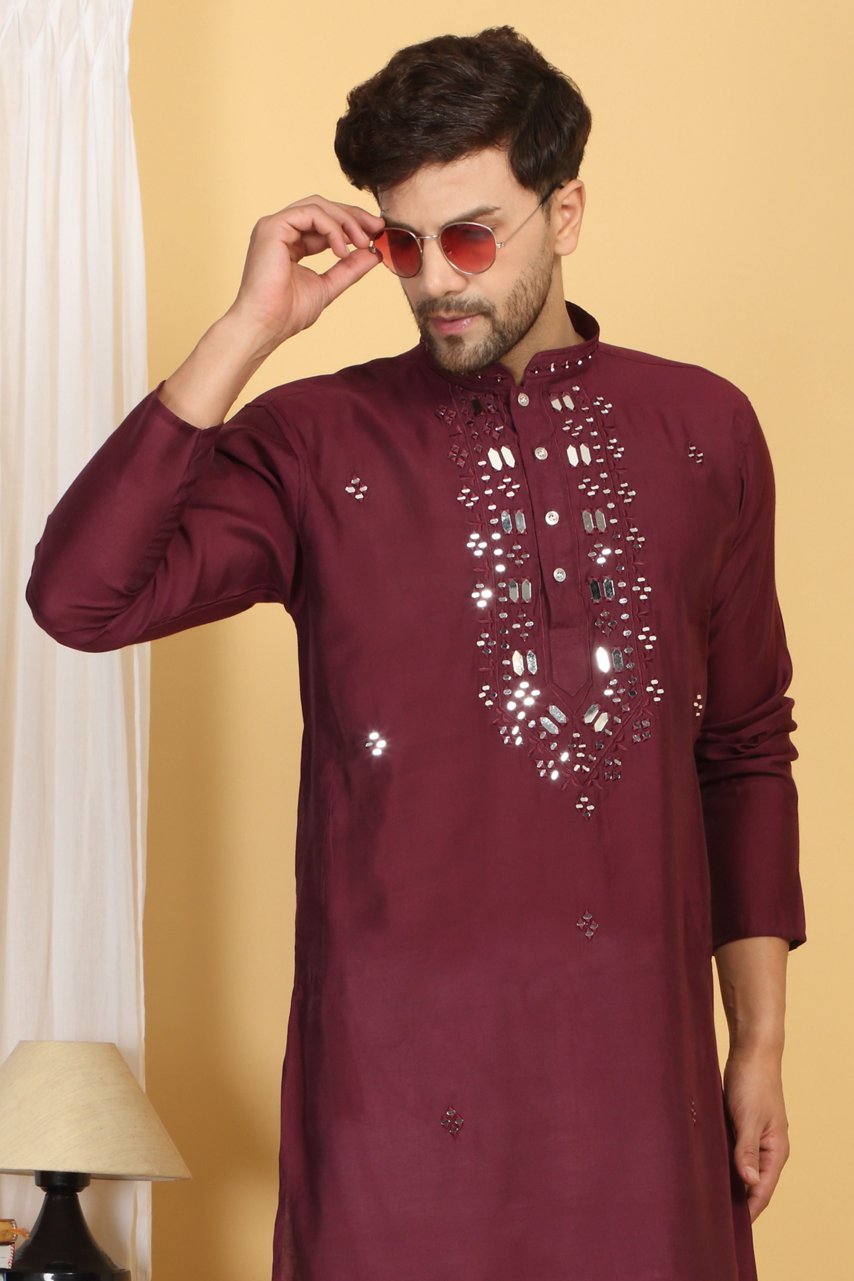 Rajat Maroon Mirror Embroidery Work Kurta Set