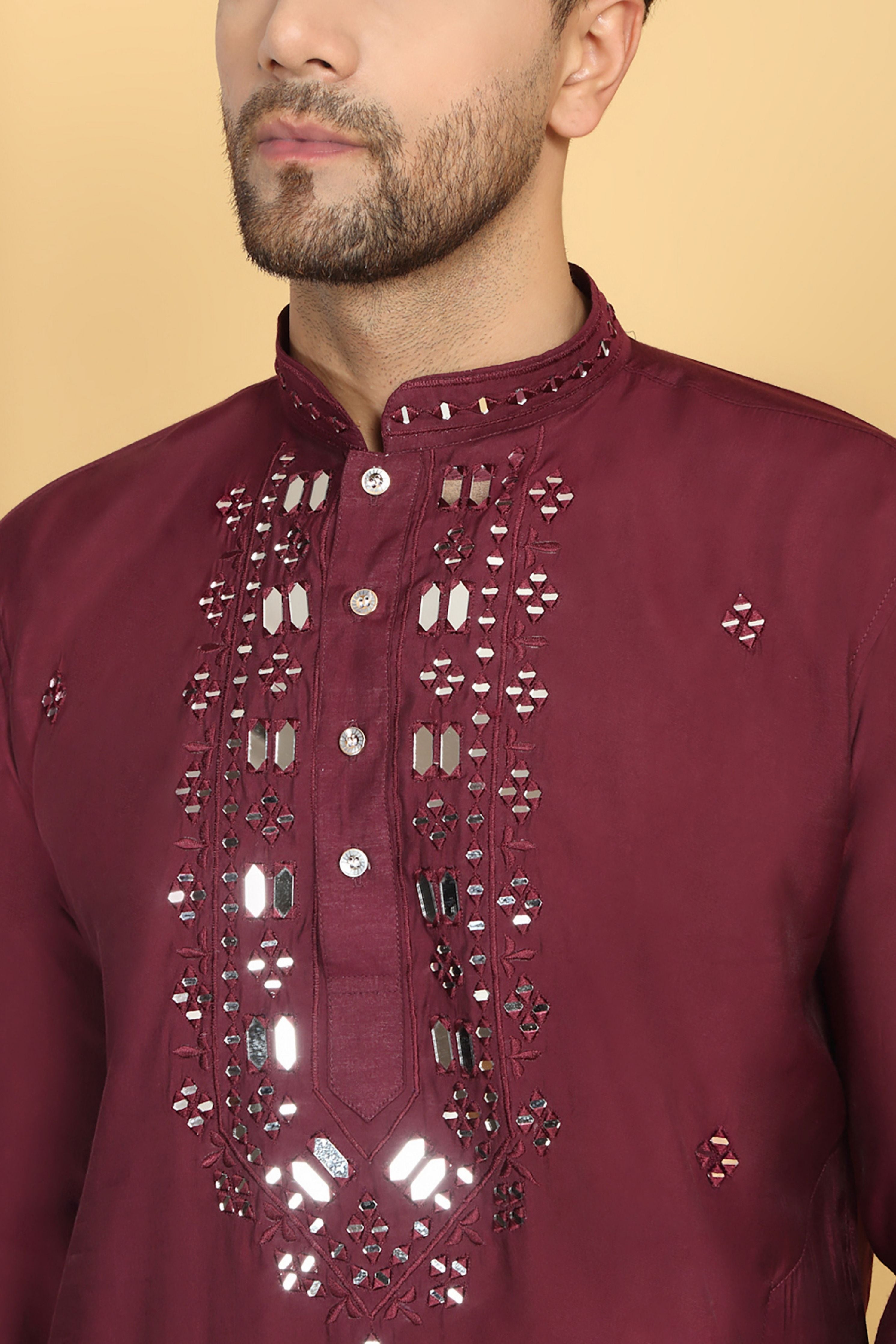 Rajat Maroon Mirror Embroidery Work Kurta Set