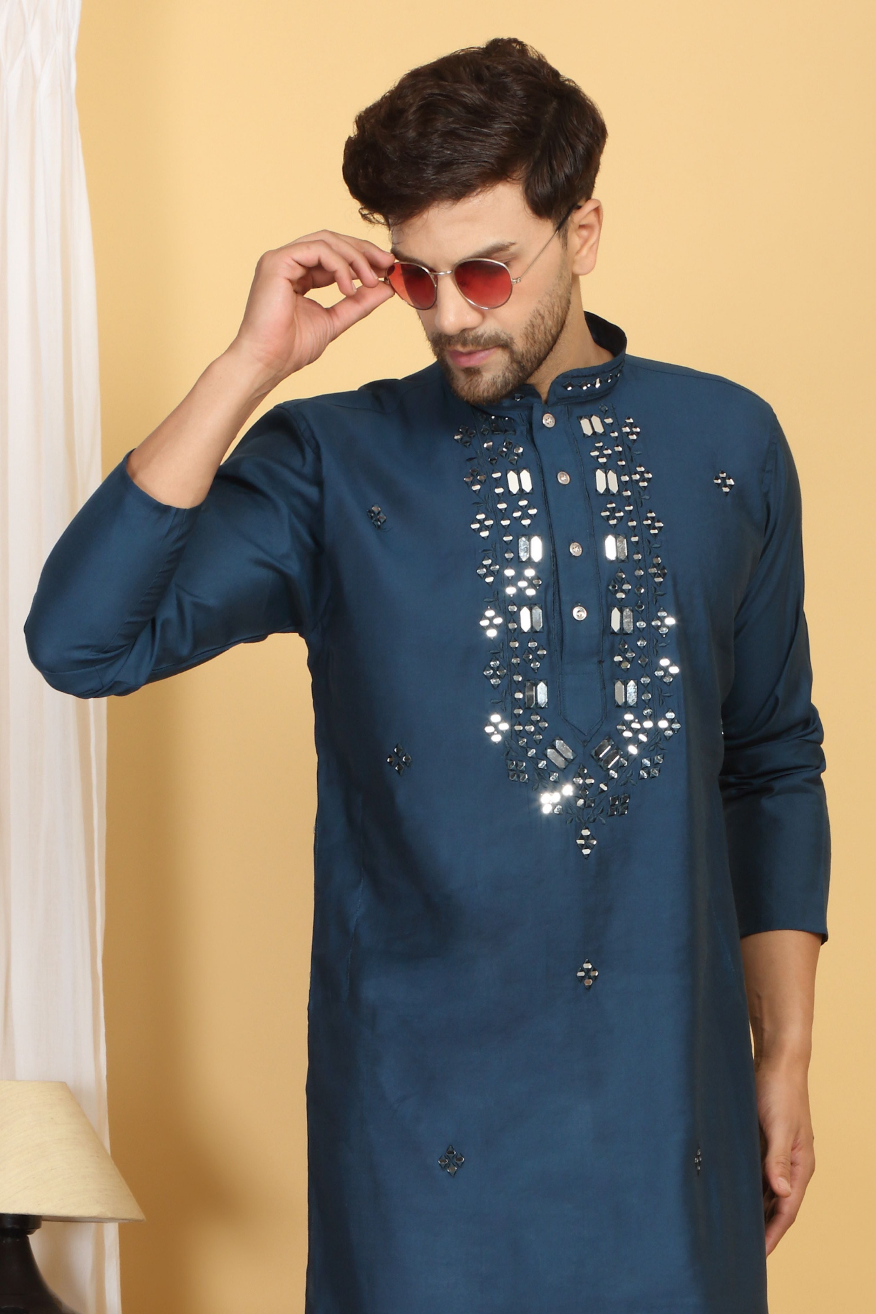 Rajat Blue Mirror Embroidery Work Kurta Set