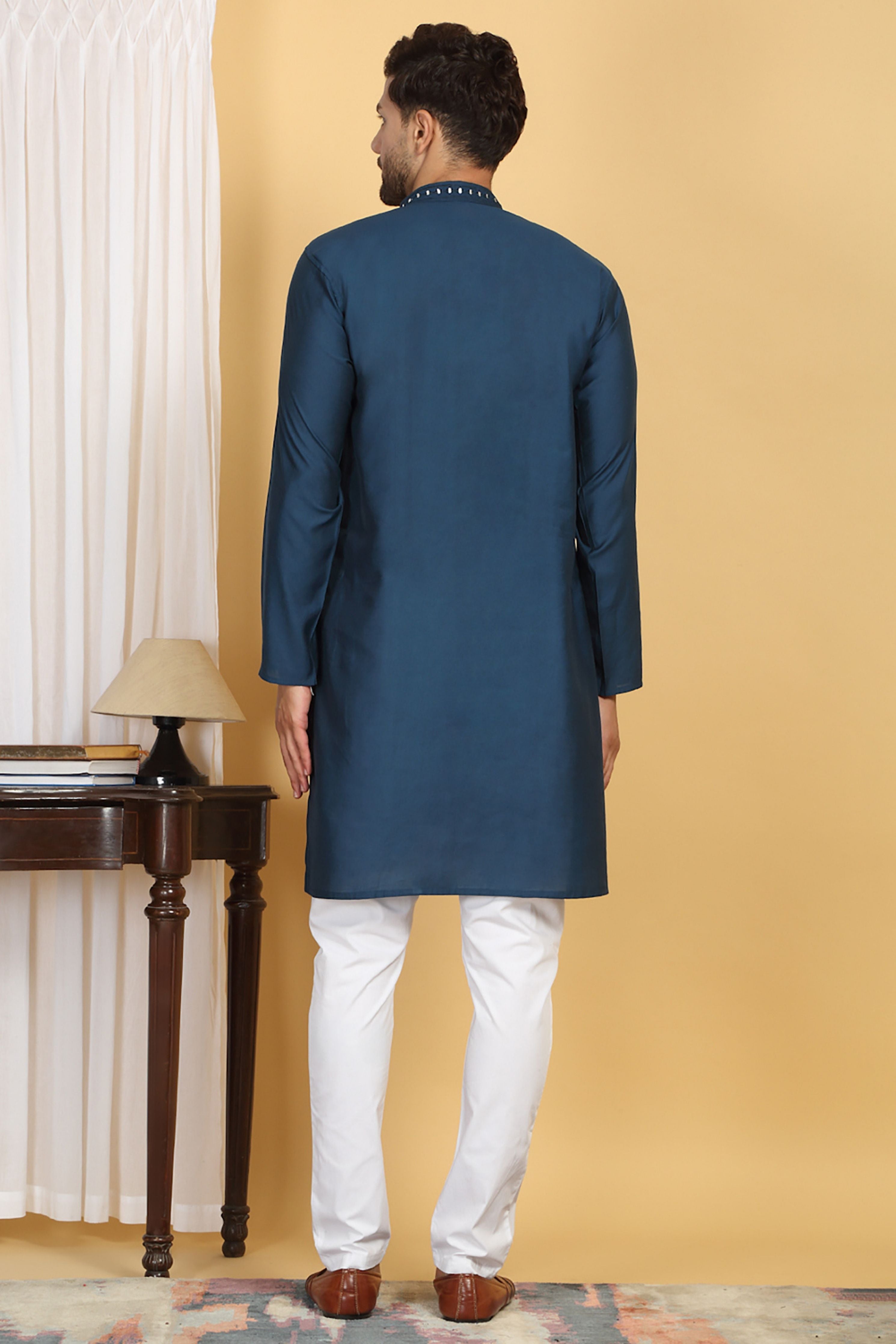 Rajat Blue Mirror Embroidery Work Kurta Set