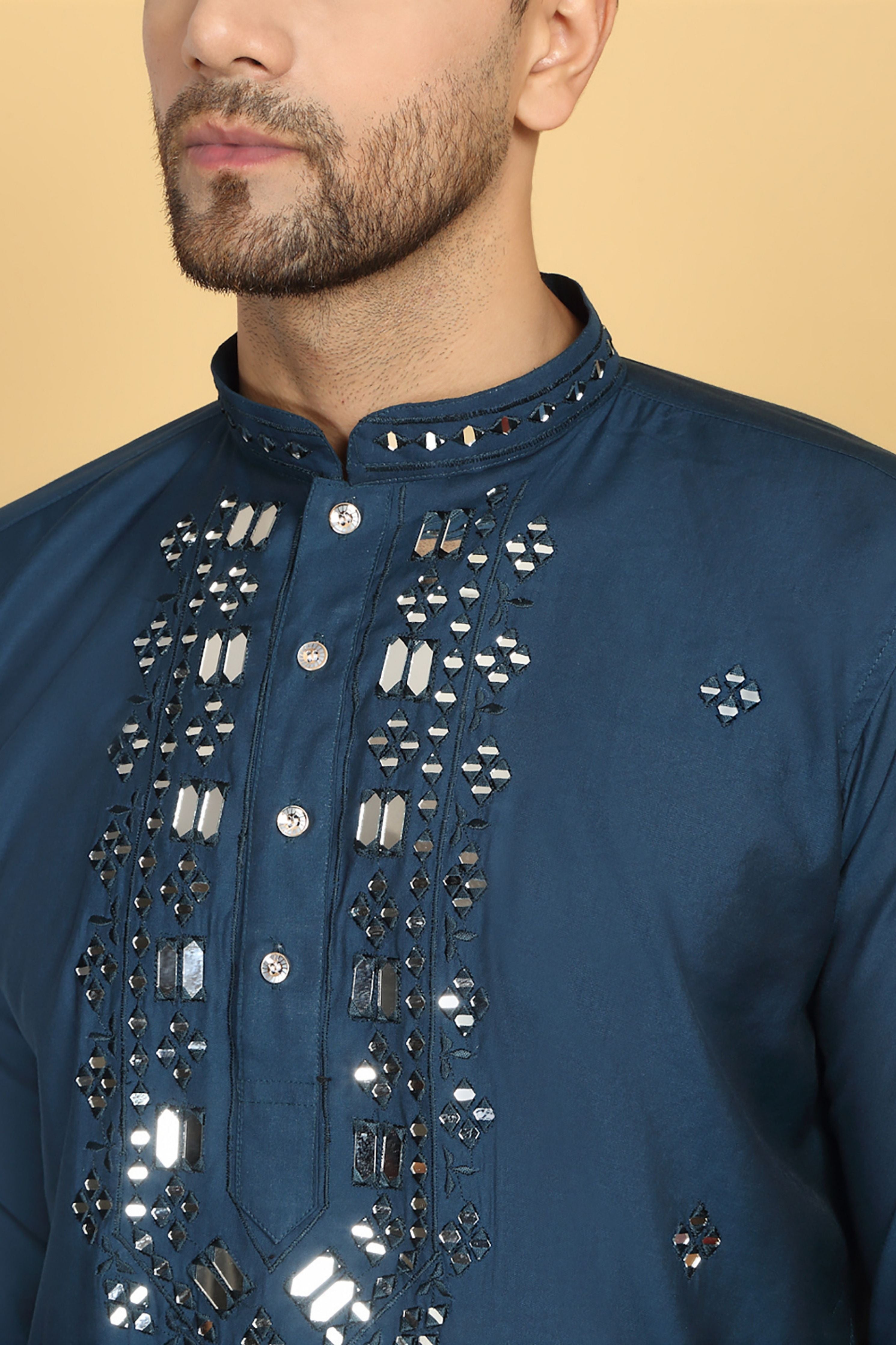 Rajat Blue Mirror Embroidery Work Kurta Set