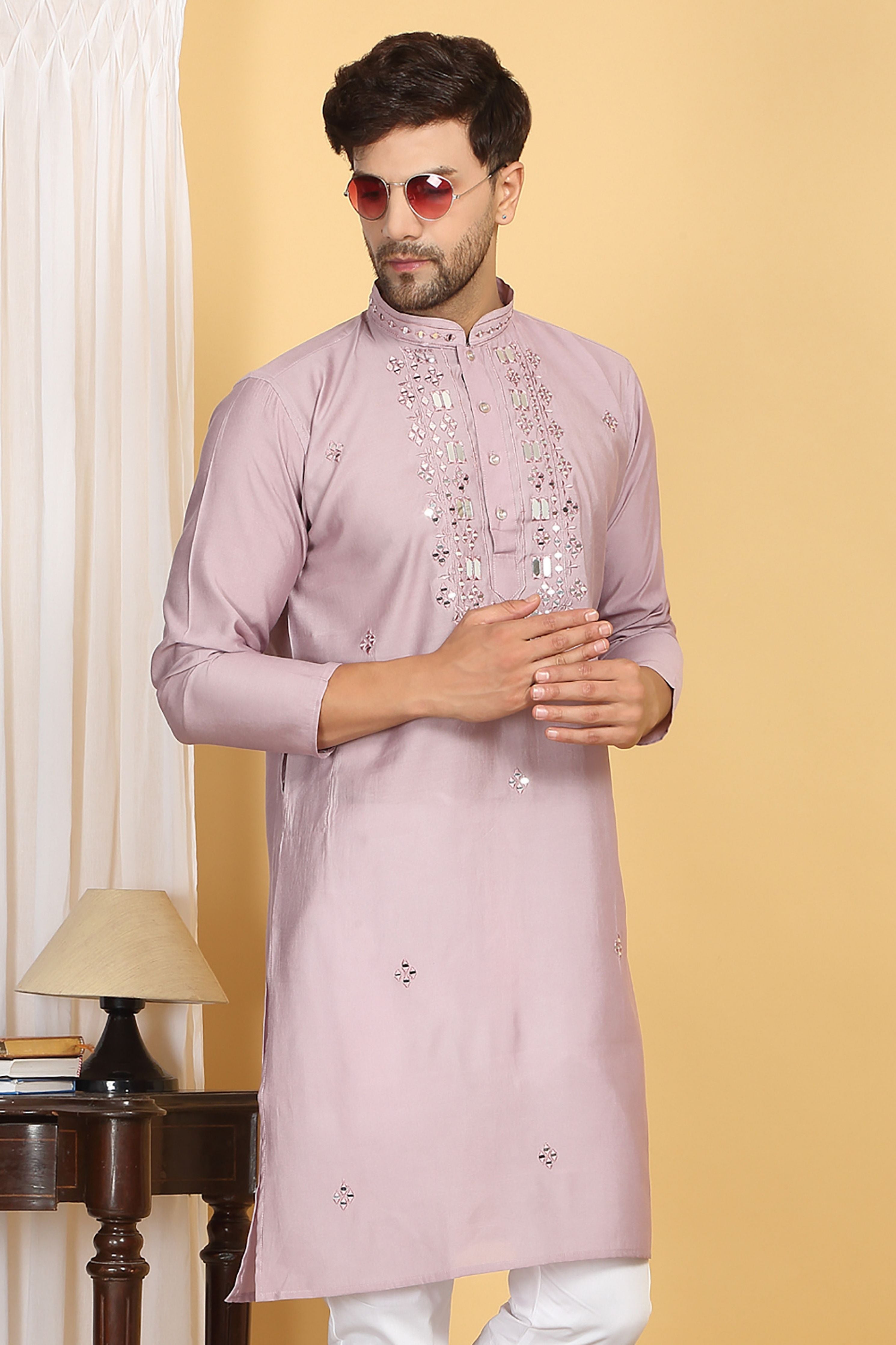 Rajat Pink Mirror Embroidery Work Kurta Set
