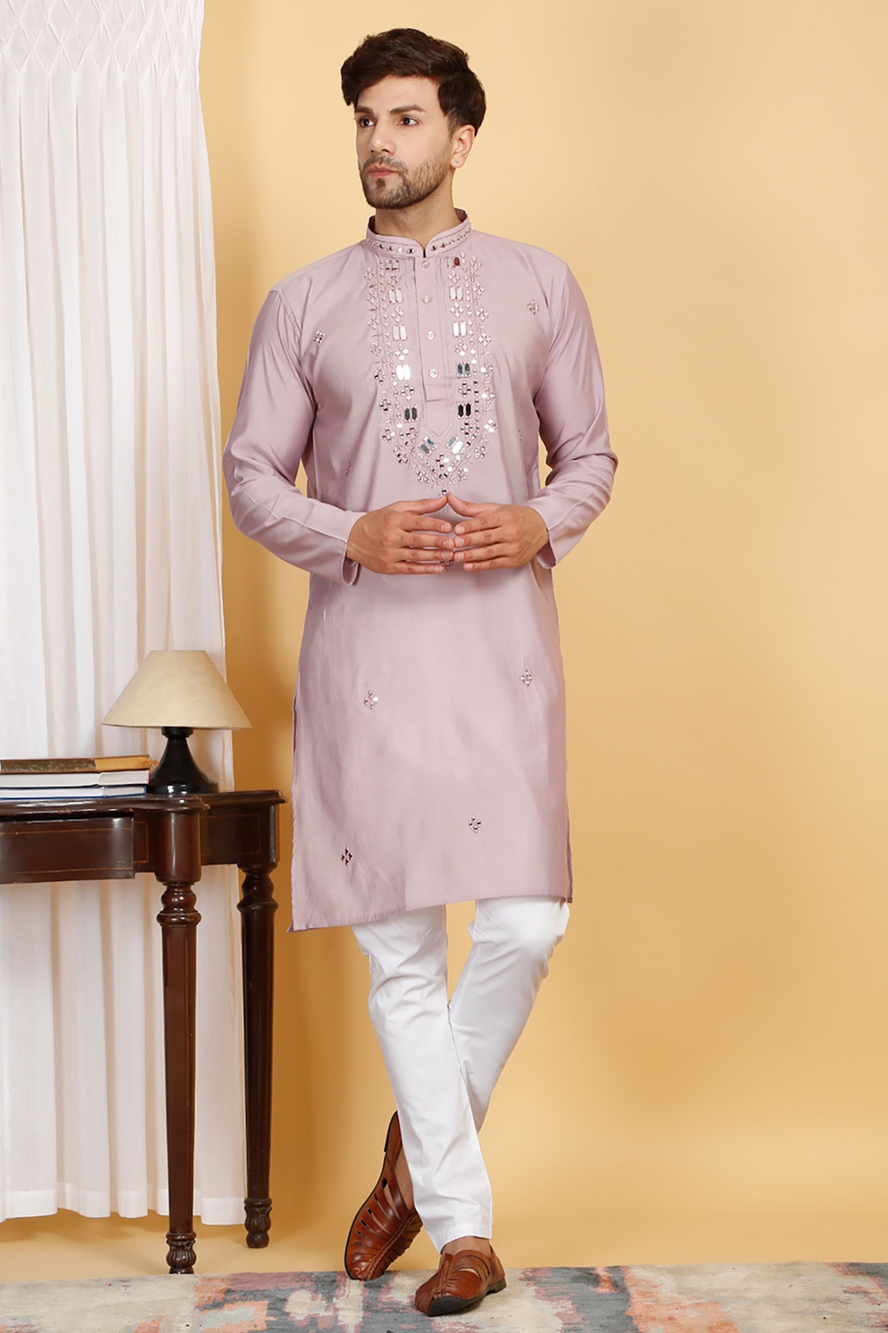 Rajat Pink Mirror Embroidery Work Kurta Set