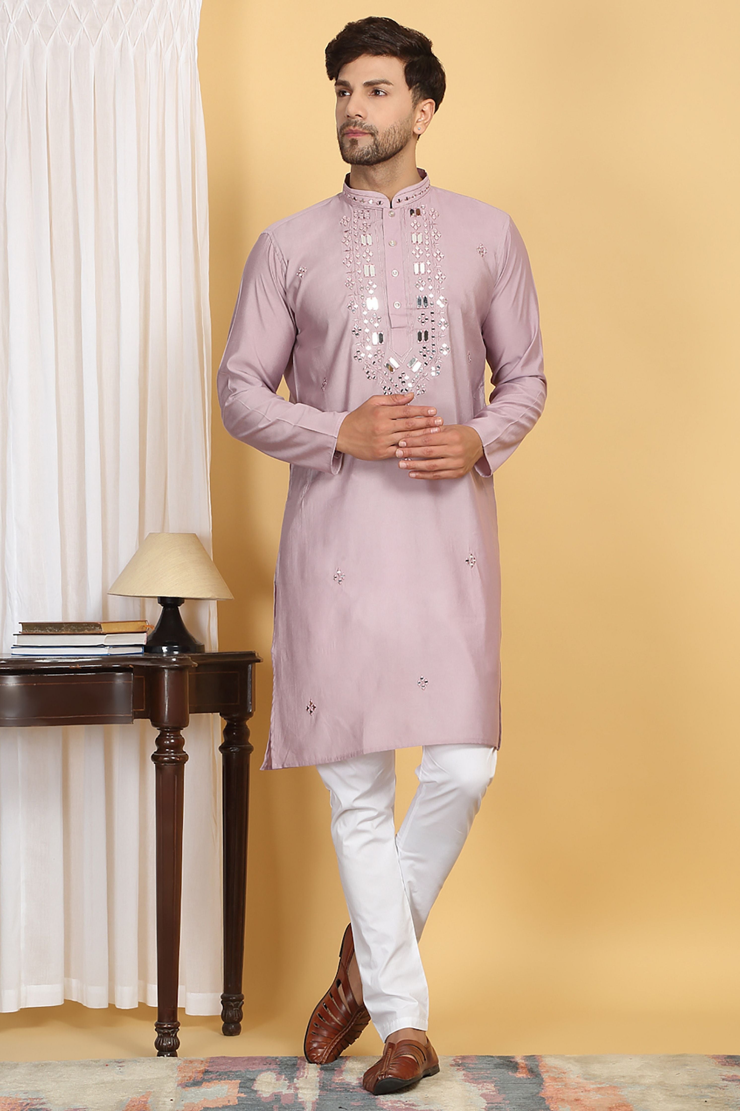 Rajat Pink Mirror Embroidery Work Kurta Set