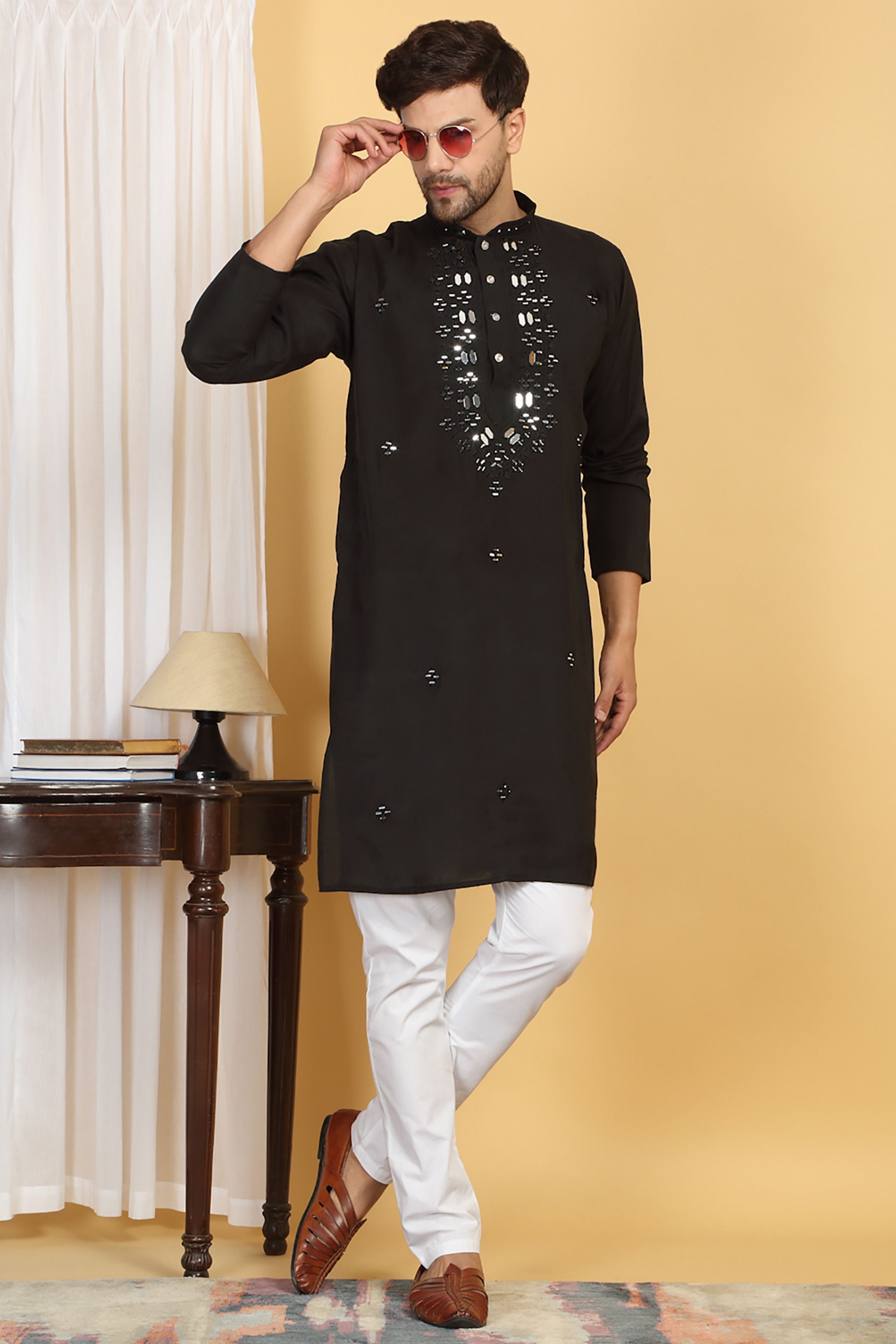 Rajat Black Mirror Embroidery Work Kurta Set
