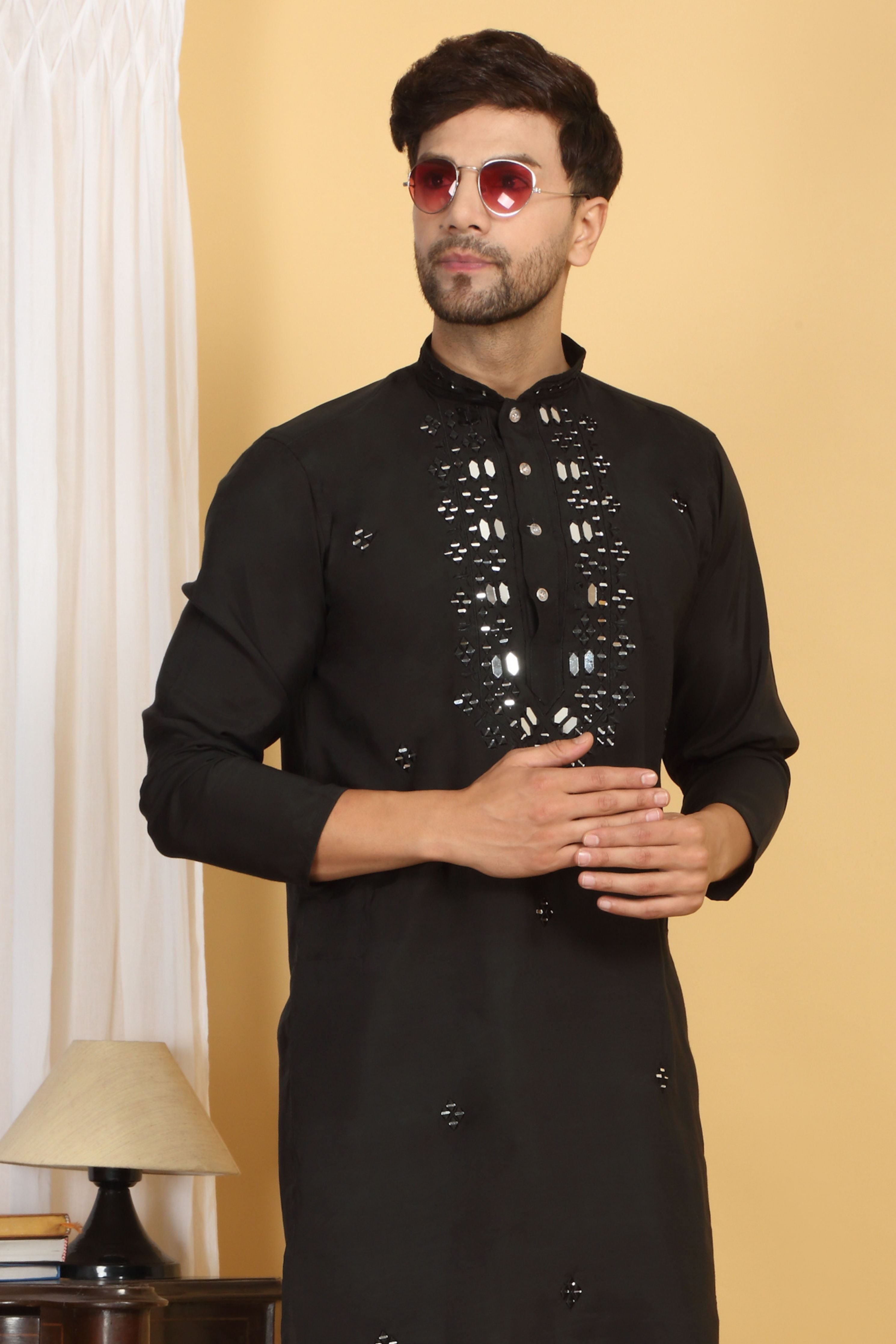 Rajat Black Mirror Embroidery Work Kurta Set